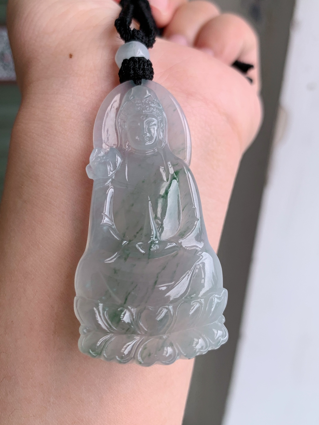 飘花莲花观音吊坠，冰种起光，飘绿灵动