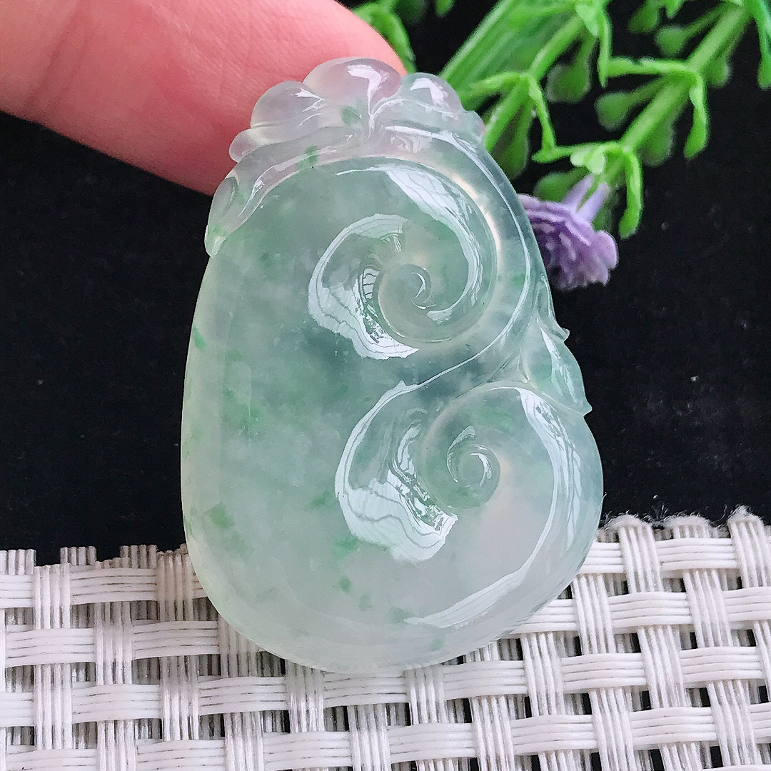 实拍A货翡翠41.8/29/5.6老坑冰种起胶飘花如意吊坠翡翠玉如意挂件