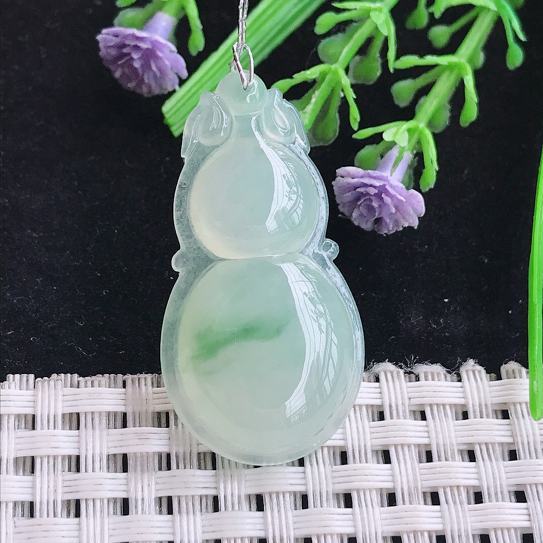 实拍A货翡翠36.9/19.3/5.9老坑冰胶水灵冰晴绿葫芦吊坠翡翠玉牌挂件
