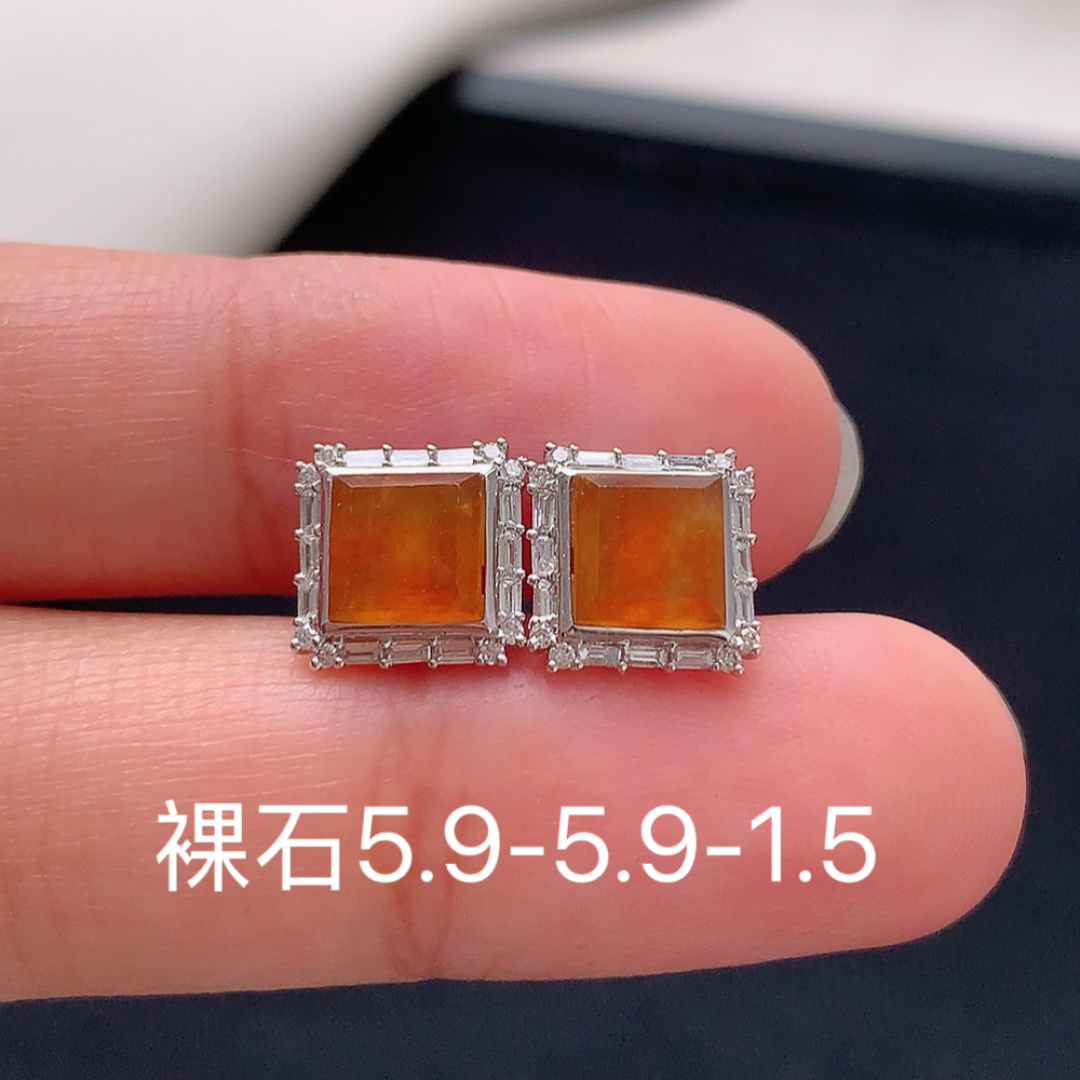 红翡耳钉 料子细腻起胶，翠色鲜阳  佩戴优雅清新 货号28516，5.9-5.9-1.5