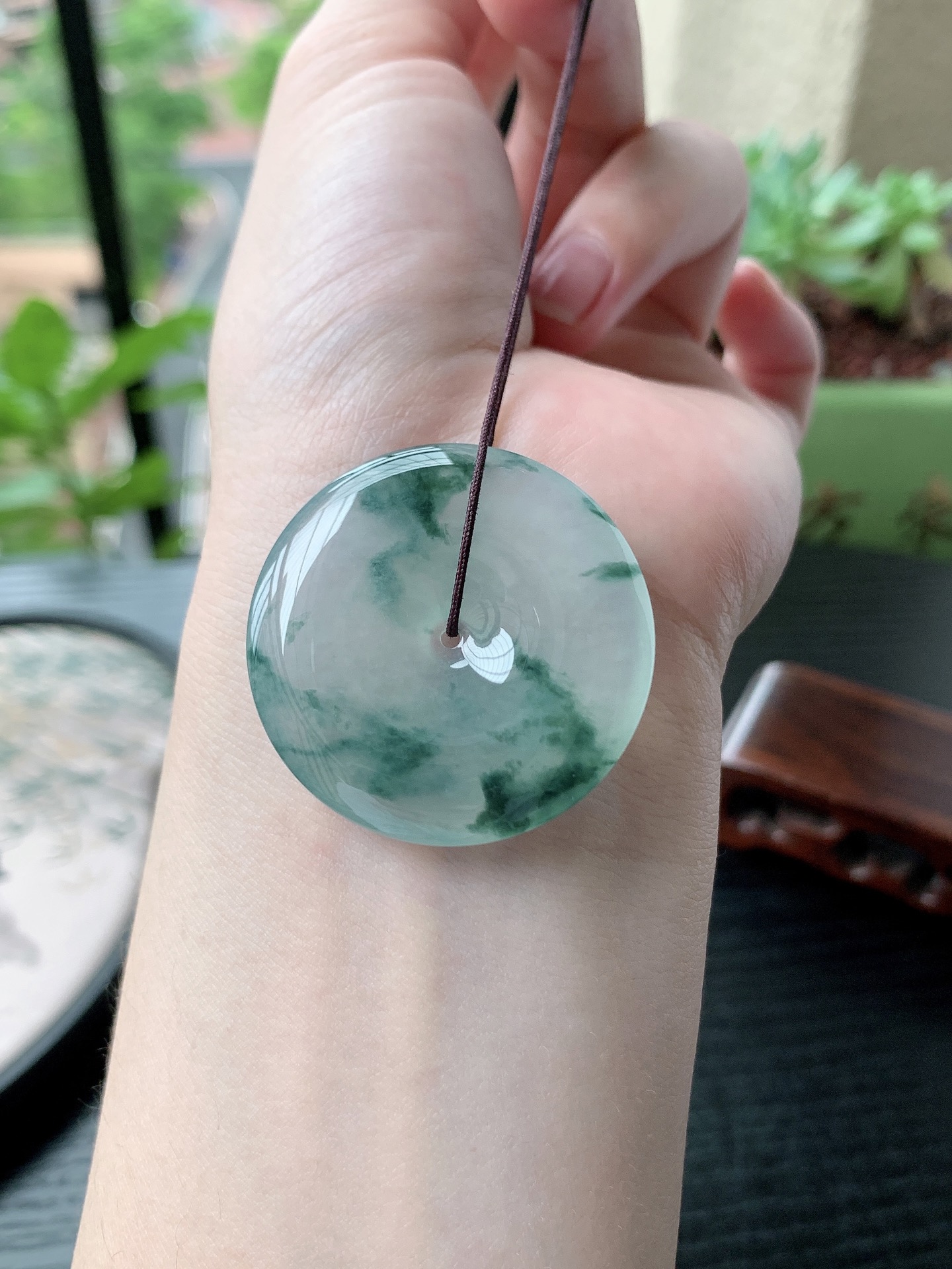 老坑冰种胶感飘蓝花平安扣吊坠,裸石尺寸:35.8-5.6mm