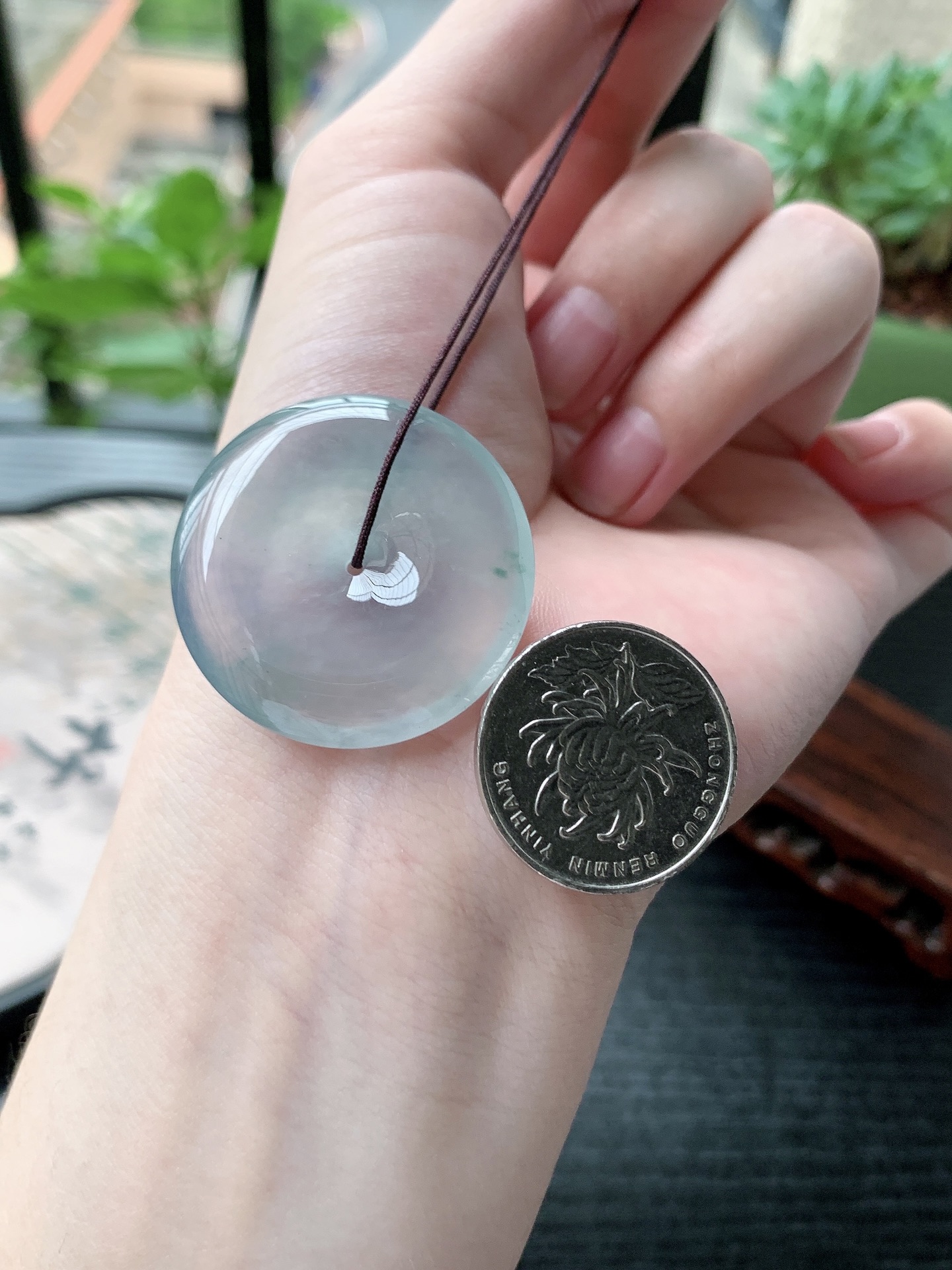 老坑冰种胶感冰春带彩起刚性平安扣吊坠,裸石尺寸:33.6-6.2mm