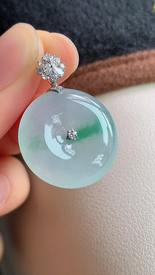 天然翡翠，飘花平安扣，18k金 尺寸21-5.3 az517
