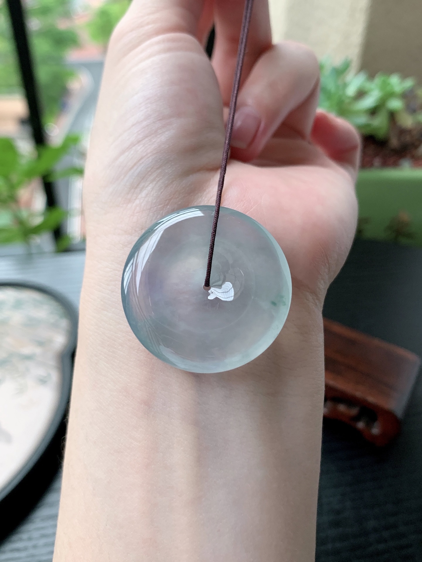 老坑冰种胶感冰春带彩起刚性平安扣吊坠,裸石尺寸:33.6-6.2mm