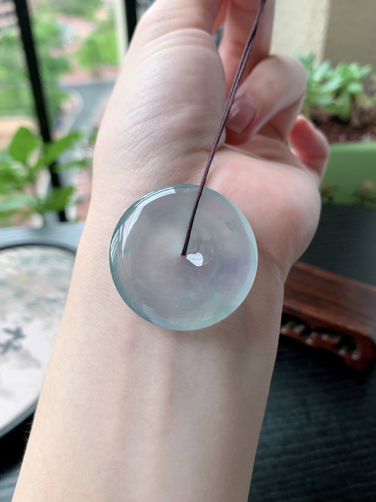 老坑冰种胶感冰春带彩起刚性平安扣吊坠,裸石尺寸:33.6-6.2mm