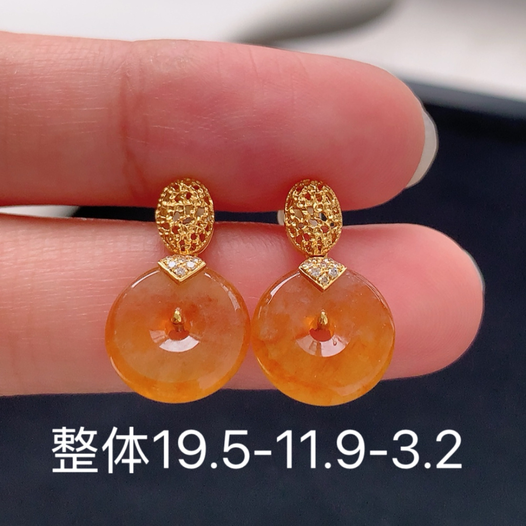 冰黄平安扣耳坠 料子细腻清透，种老水润，佩戴精致气质货号28516，19.5-11.9-3.2
