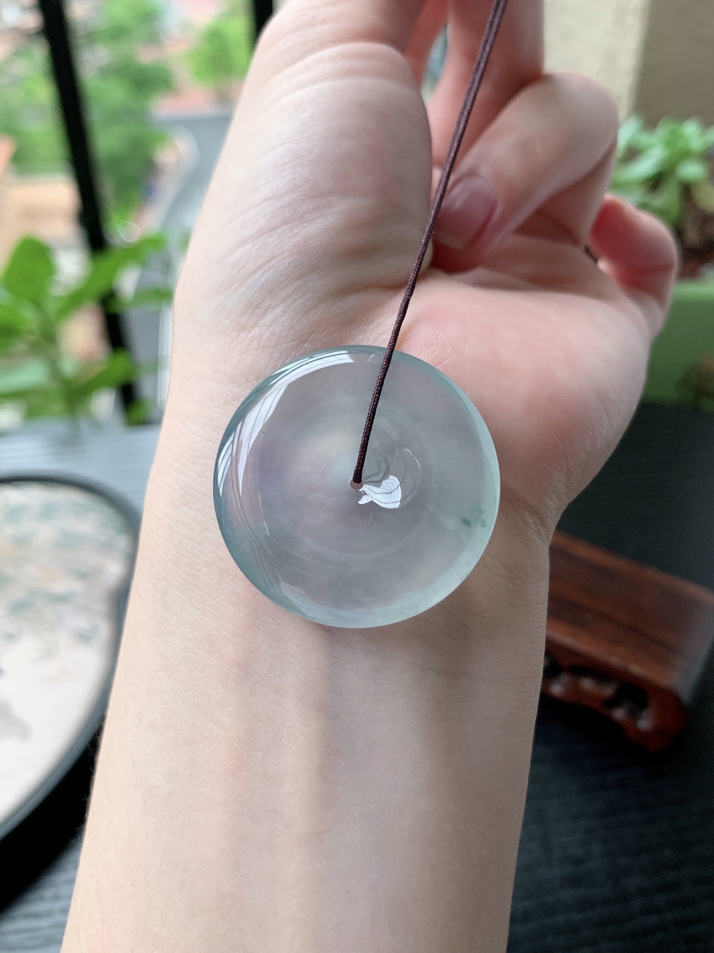 老坑冰种胶感冰春带彩起刚性平安扣吊坠,裸石尺寸:33.6-6.2mm