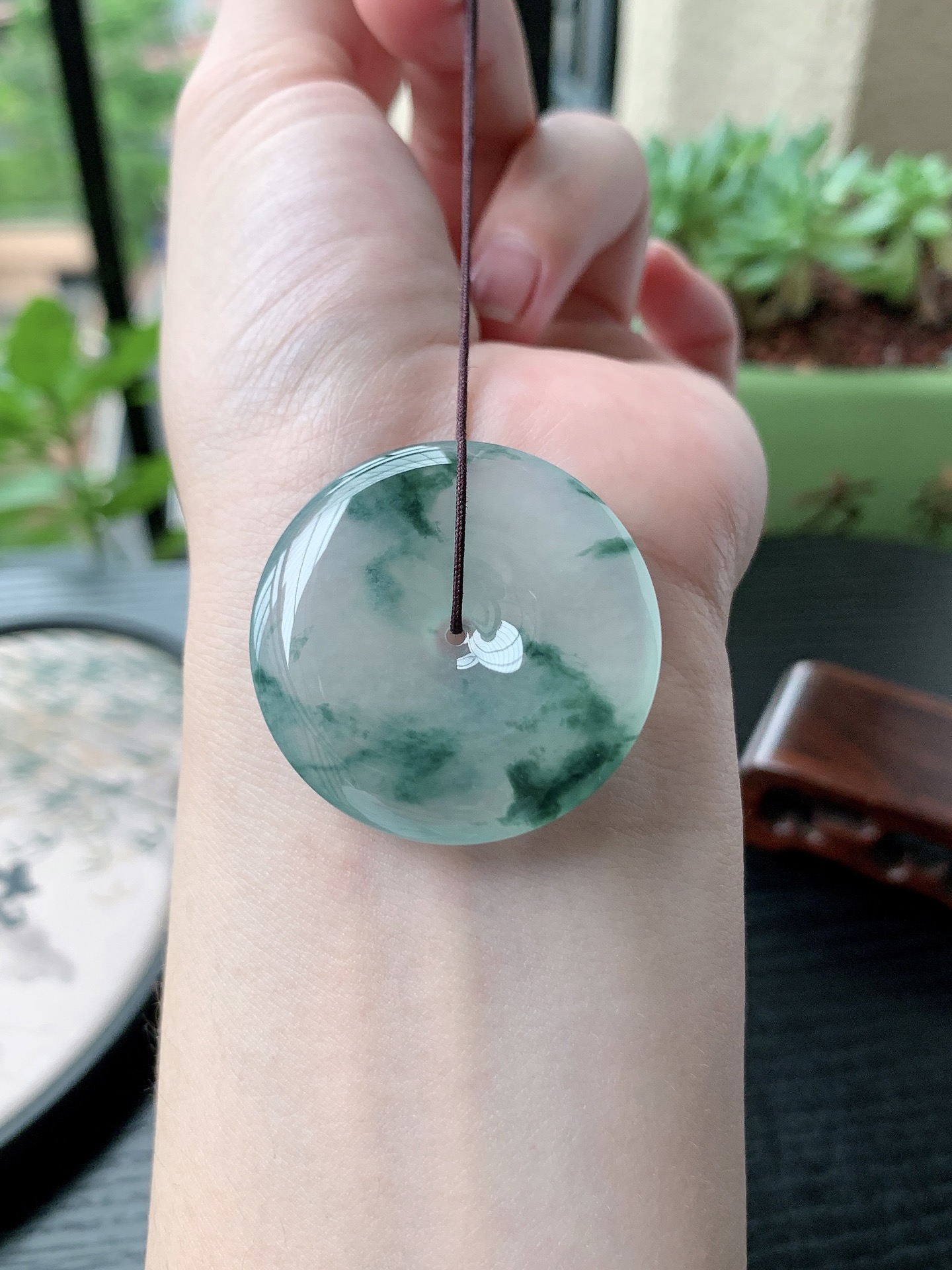 老坑冰种胶感飘蓝花平安扣吊坠,裸石尺寸:35.8-5.6mm