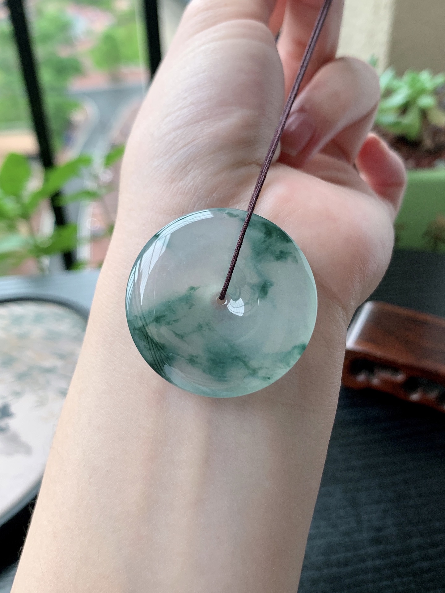 老坑冰种胶感飘蓝花平安扣吊坠,裸石尺寸:35.8-5.6mm