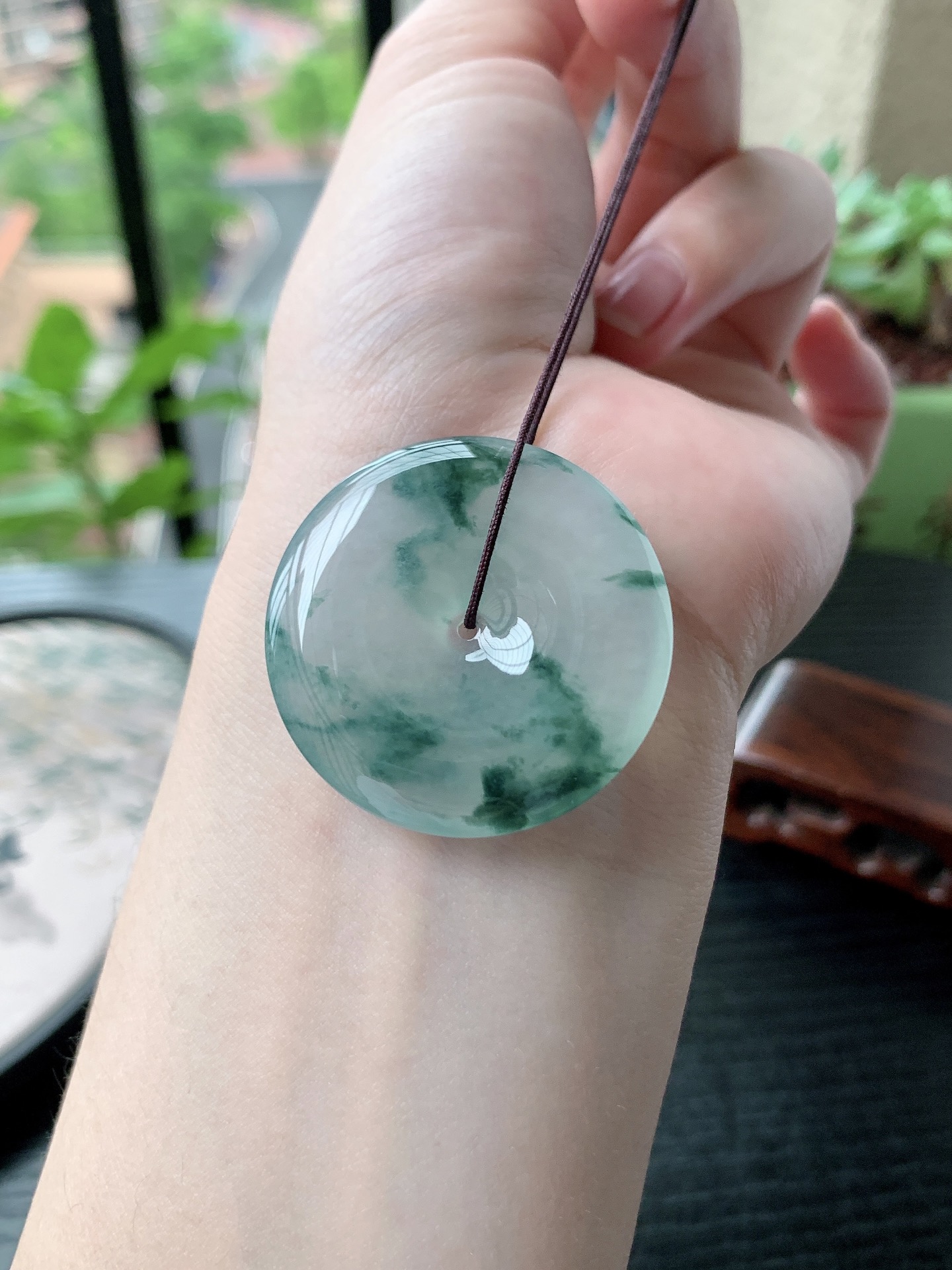 老坑冰种胶感飘蓝花平安扣吊坠,裸石尺寸:35.8-5.6mm