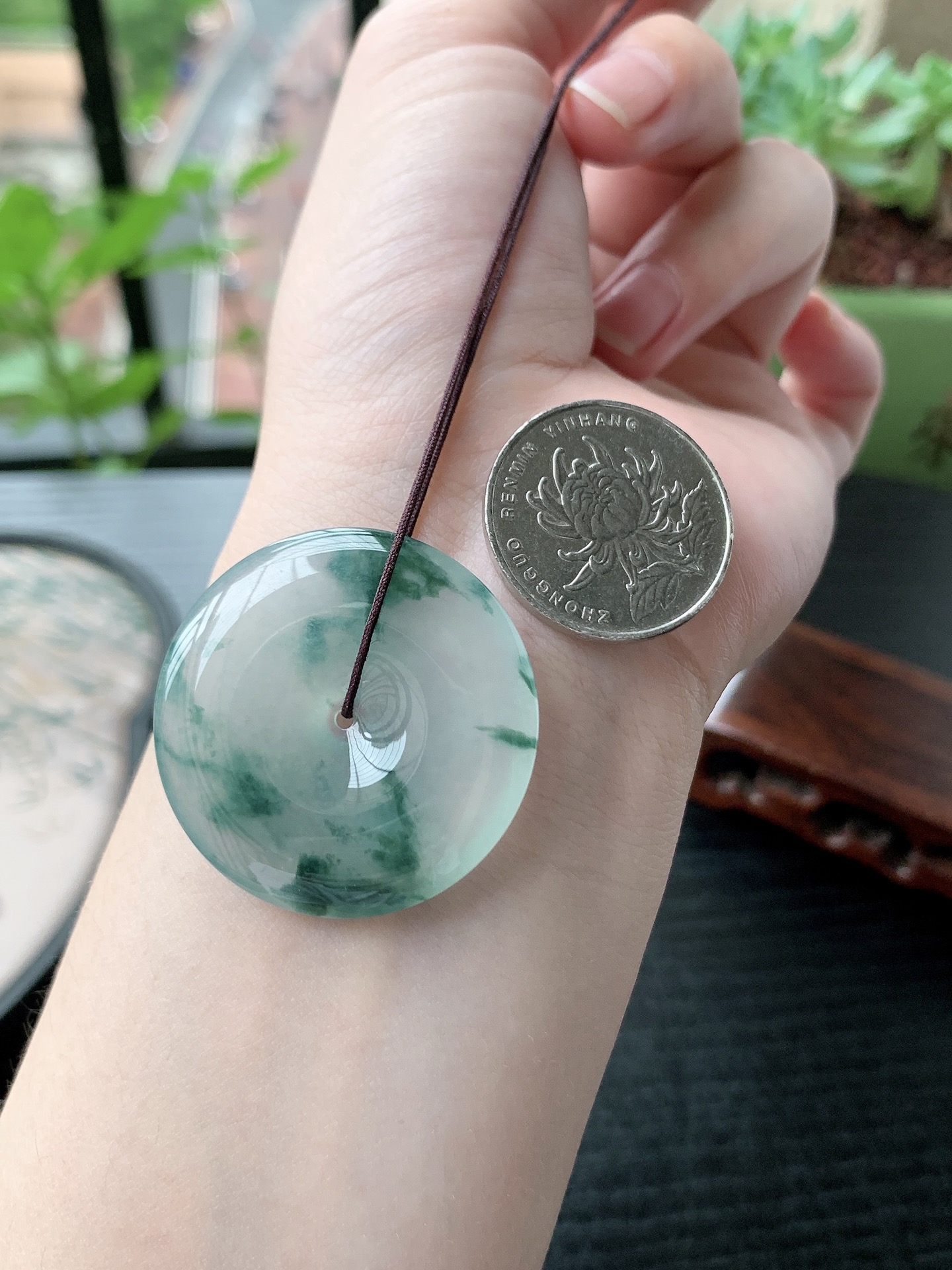 老坑冰种胶感飘蓝花平安扣吊坠,裸石尺寸:35.8-5.6mm