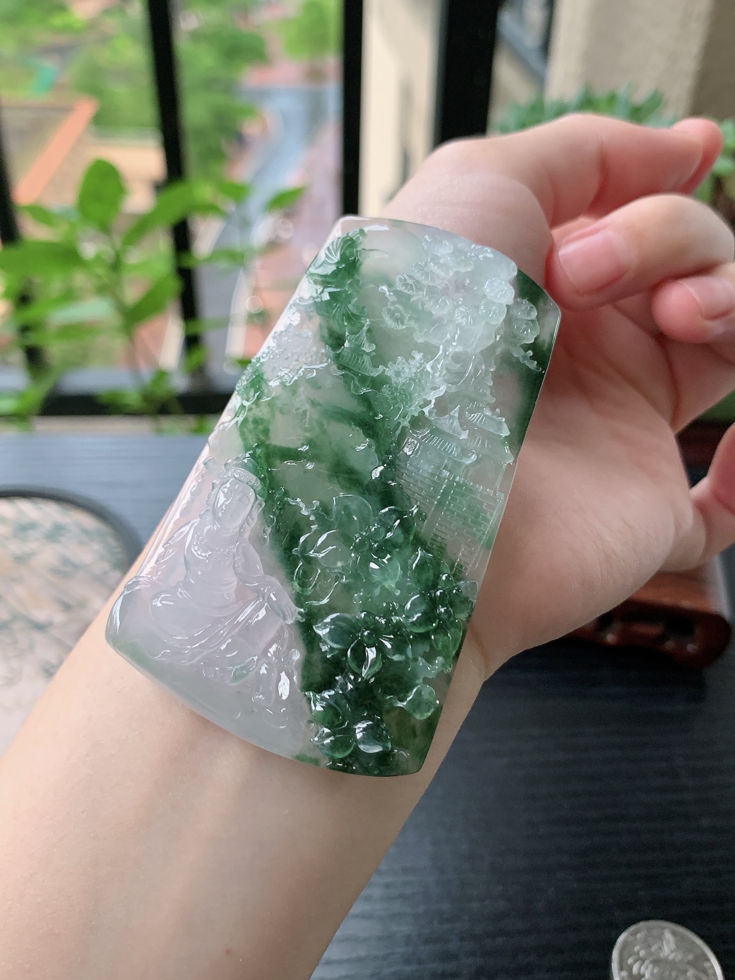老坑冰种胶感飘花山水观音吊坠 裸石尺寸:76.9-46.2-8.2mm