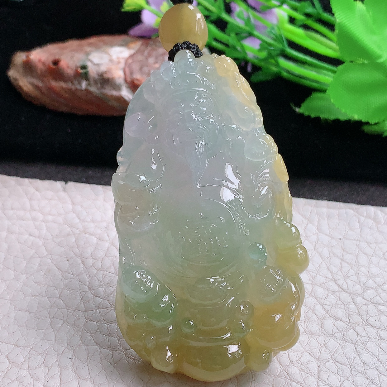 Yl实拍67.5*39*12.6天然缅甸翡翠飘黄财神爷吊坠 厚装招财进宝玉坠