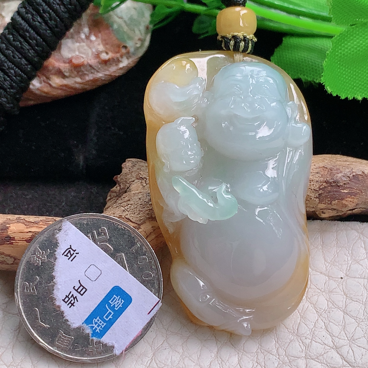 Yl实拍49.2*29.3*15.5天然缅甸翡翠双彩黄翡弥勒佛吊坠 厚重逍遥佛