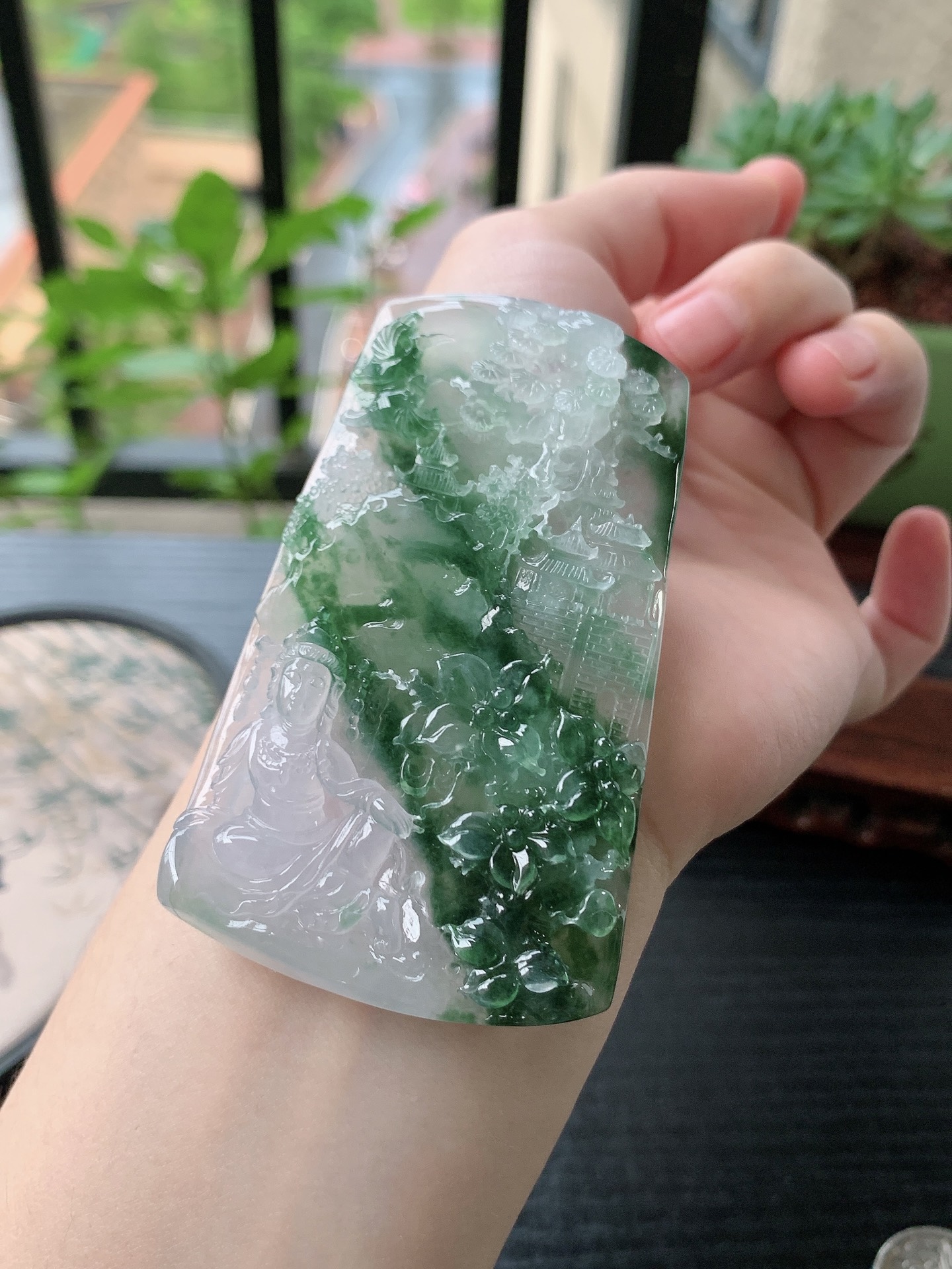 老坑冰种胶感飘花山水观音吊坠 裸石尺寸:76.9-46.2-8.2mm