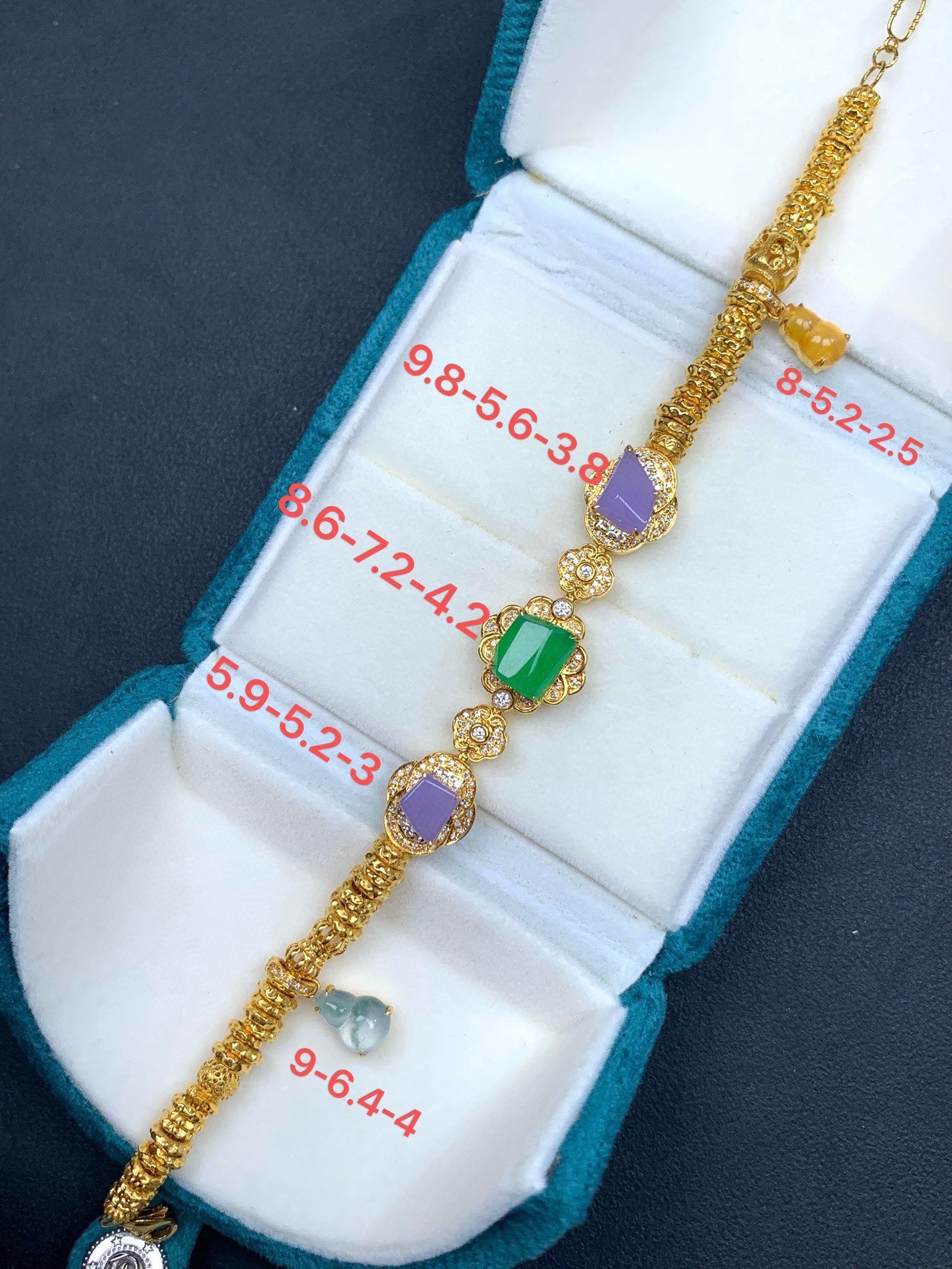 18k金重金镶嵌冰紫冰绿盘缠手链