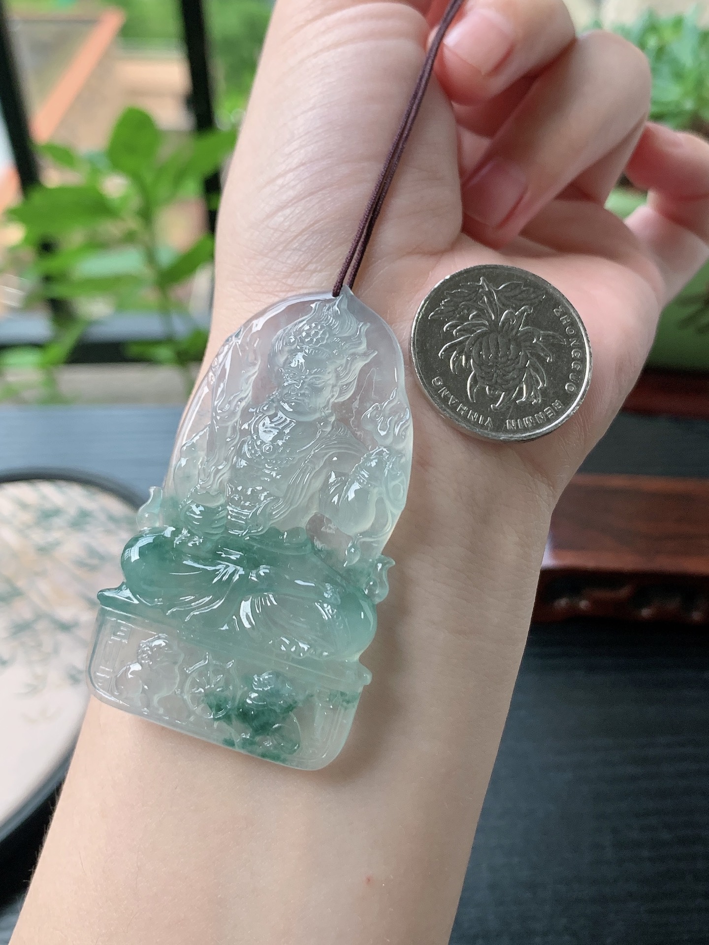 老坑冰种胶感飘花地藏王菩萨吊坠,裸石尺寸:60.5-35.8-6mm