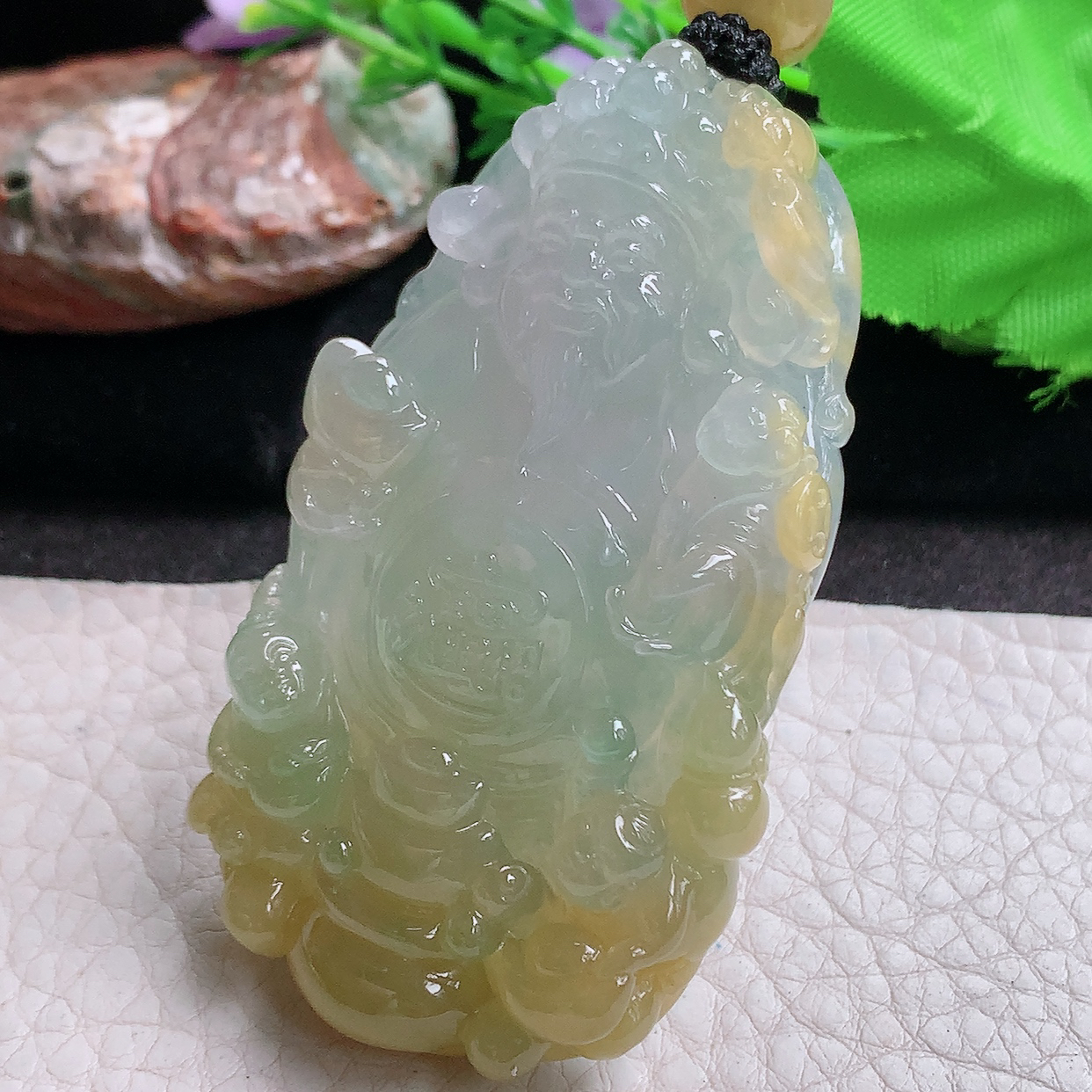 Yl实拍67.5*39*12.6天然缅甸翡翠飘黄财神爷吊坠 厚装招财进宝玉坠