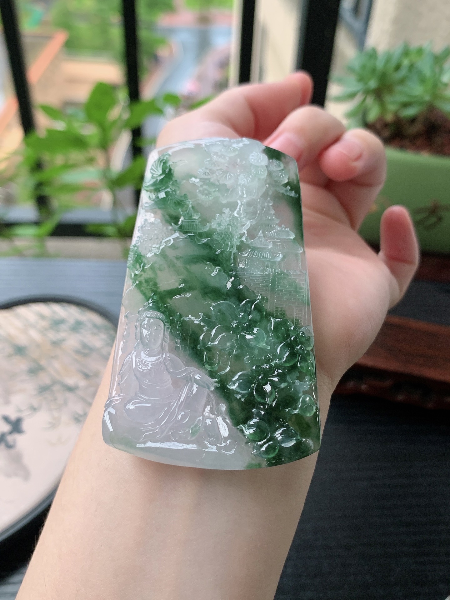 老坑冰种胶感飘花山水观音吊坠 裸石尺寸:76.9-46.2-8.2mm