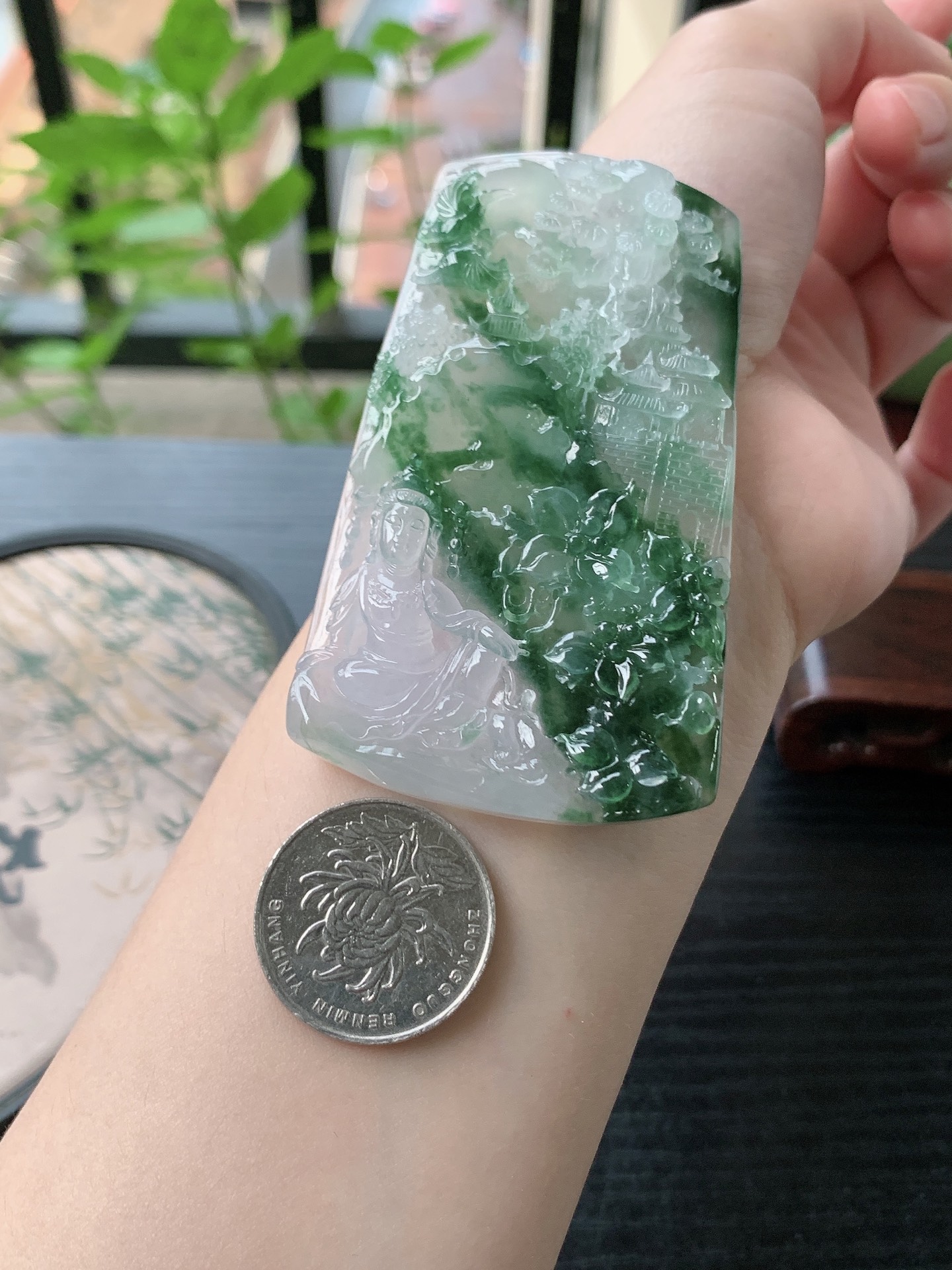 老坑冰种胶感飘花山水观音吊坠 裸石尺寸:76.9-46.2-8.2mm