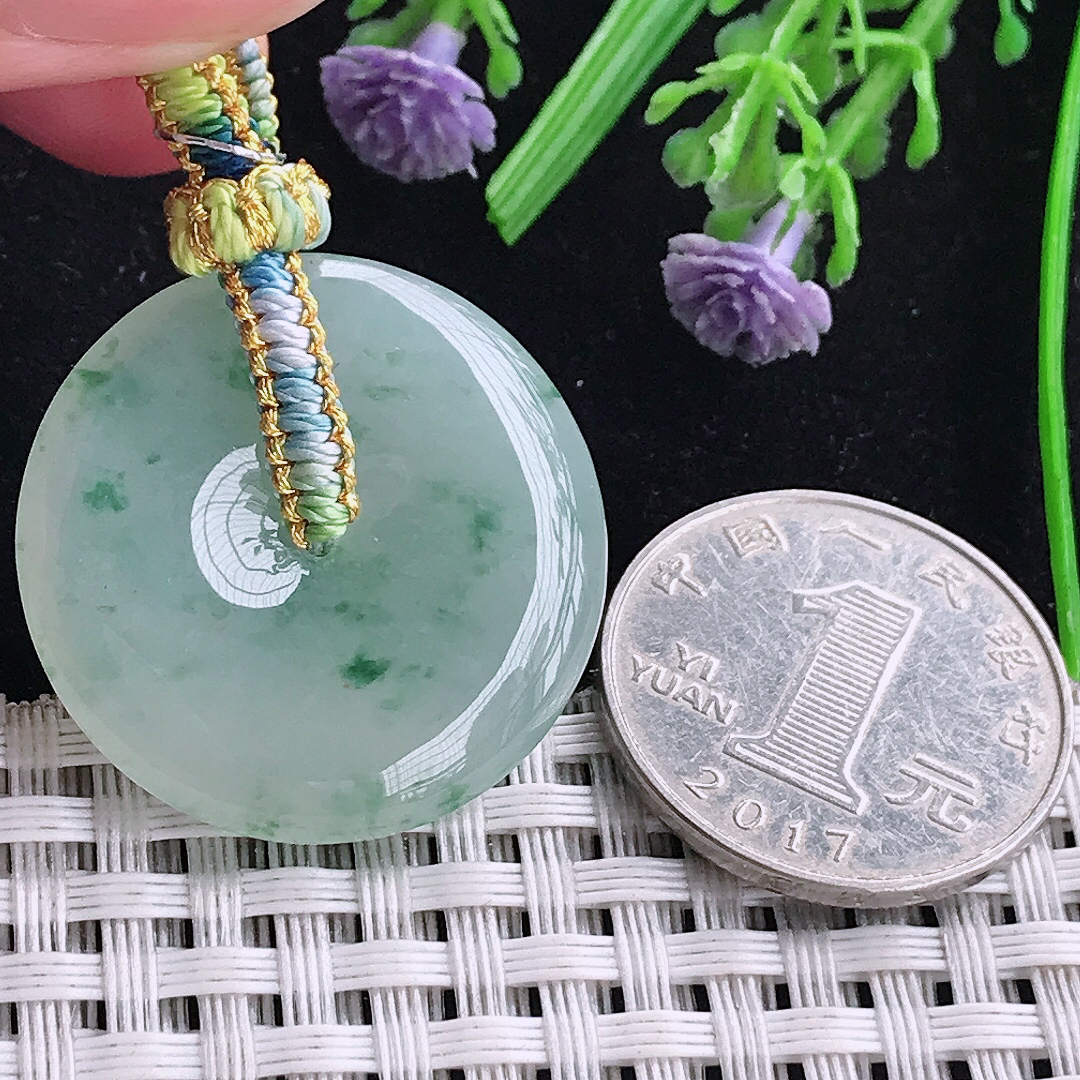 实拍A货翡翠29.3/5.2老坑冰胶果冻冰飘花平安扣吊坠翡翠玉挂件