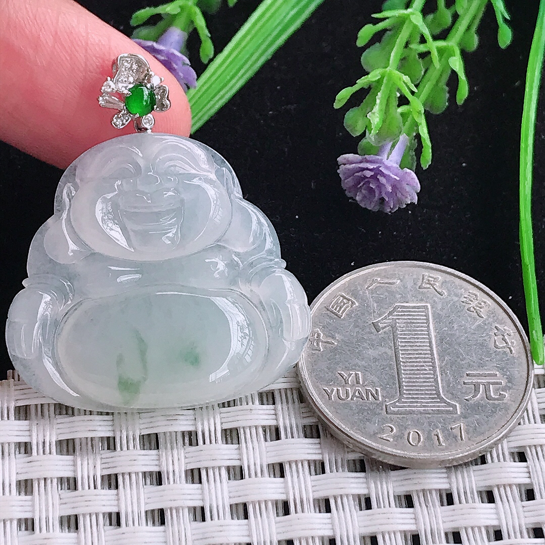 实拍A货翡翠29.5/31/5.3老坑18k金镶嵌冰胶飘花佛公吊坠翡翠玉牌挂件