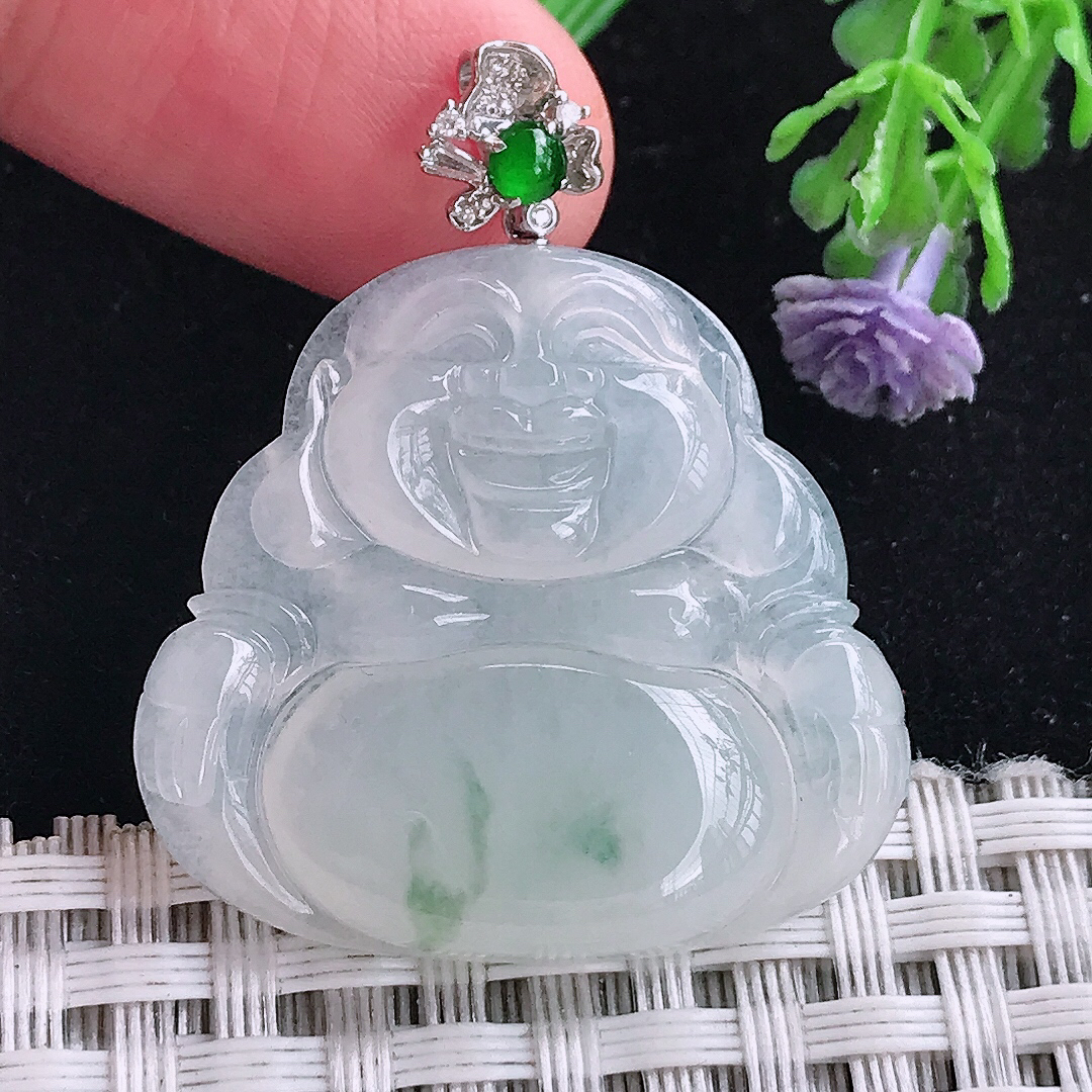 实拍A货翡翠29.5/31/5.3老坑18k金镶嵌冰胶飘花佛公吊坠翡翠玉牌挂件