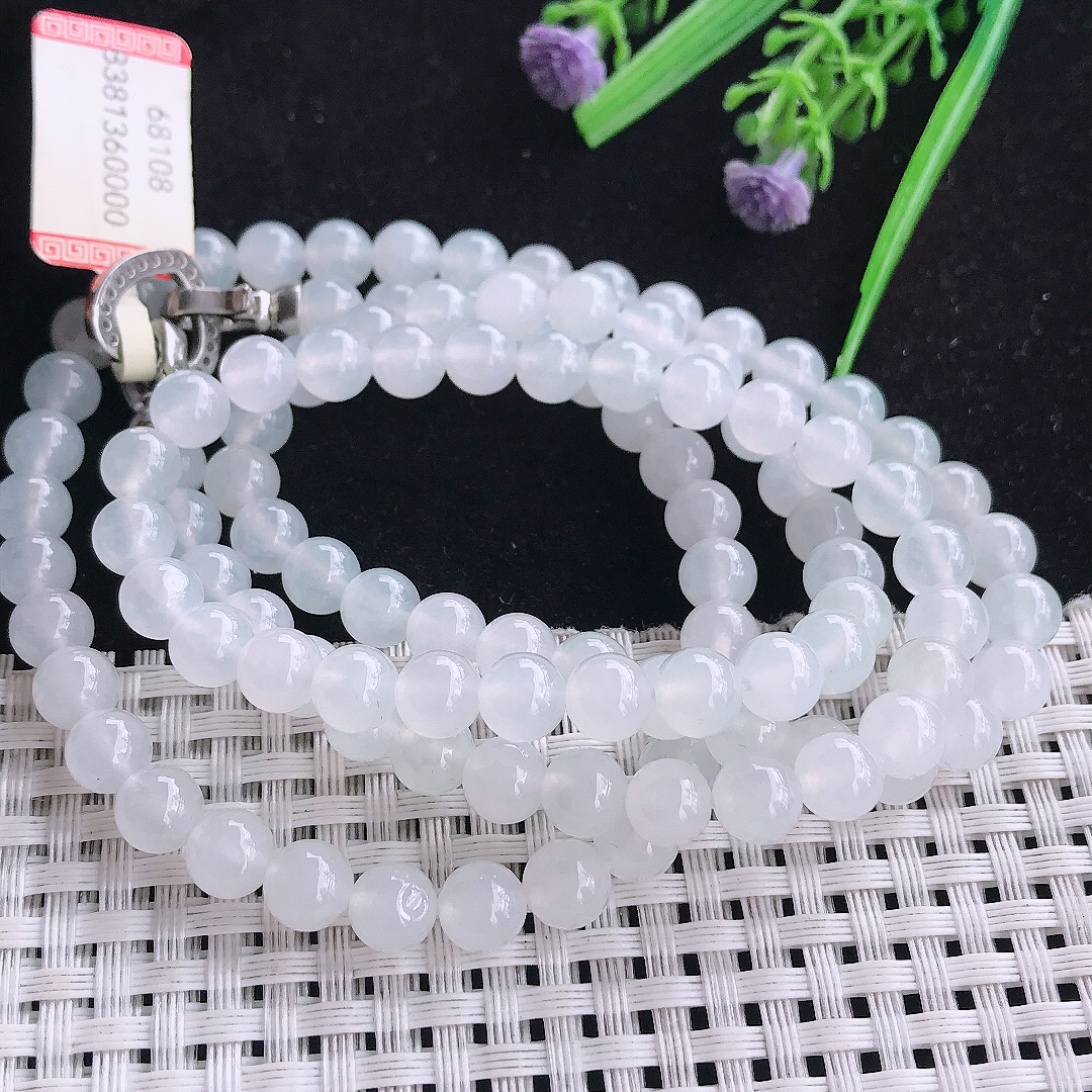 实拍A货翡翠6.9/108颗老坑冰透起胶白冰种项链翡翠玉珠珠链女款