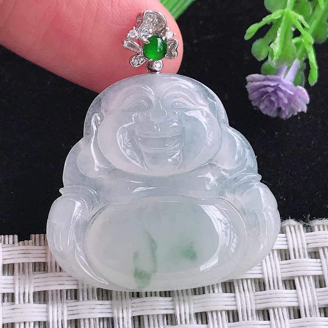 实拍A货翡翠29.5/31/5.3老坑18k金镶嵌冰胶飘花佛公吊坠翡翠玉牌挂件