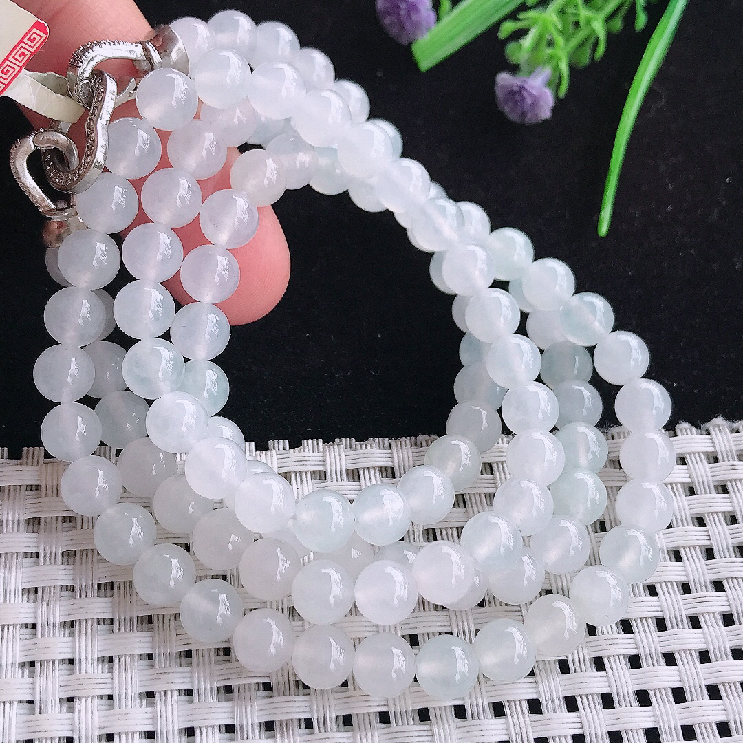 实拍A货翡翠6.9/108颗老坑冰透起胶白冰种项链翡翠玉珠珠链女款