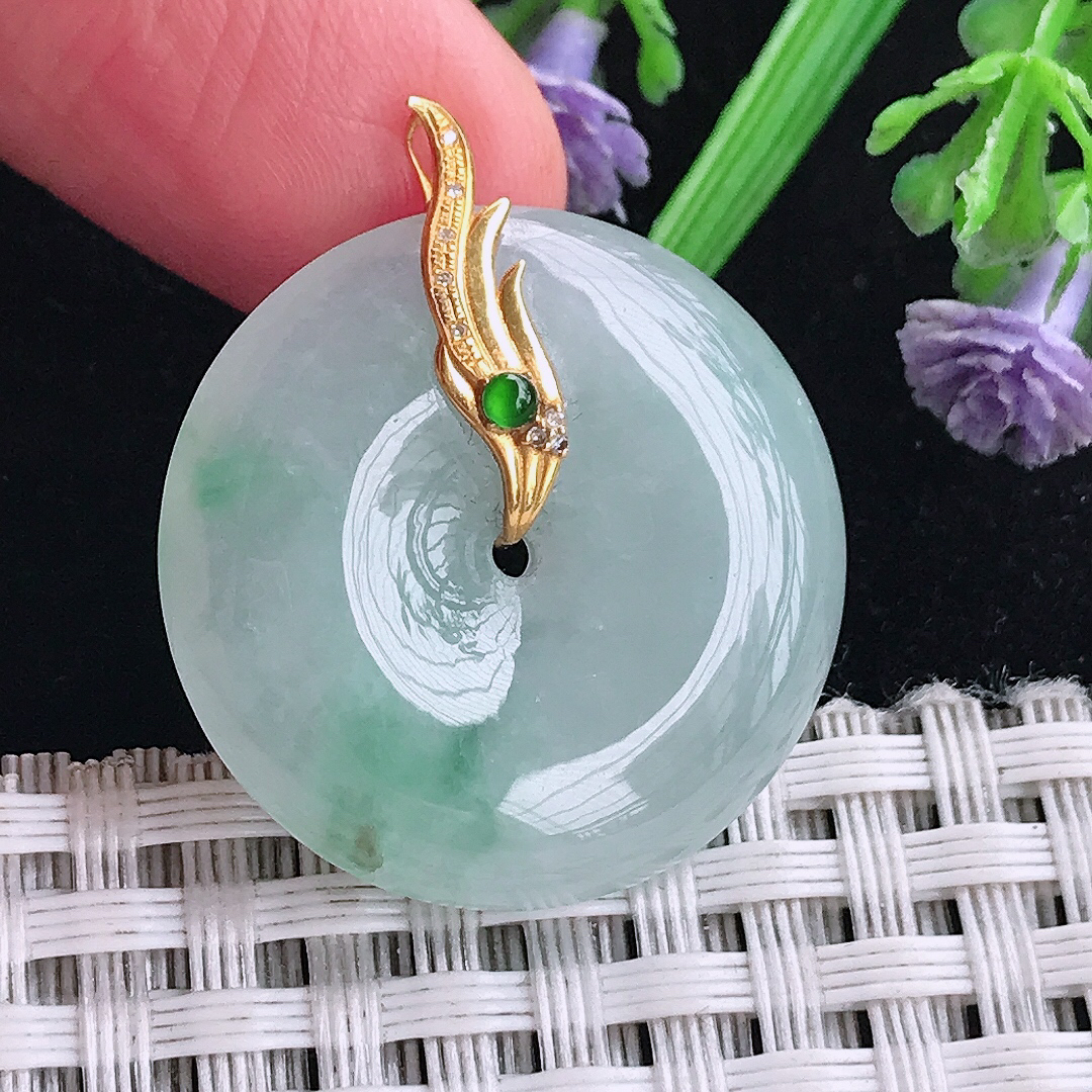 实拍A货翡翠26.3/6.5老坑18k金镶嵌冰润飘花平安扣吊坠翡翠玉扣挂件
