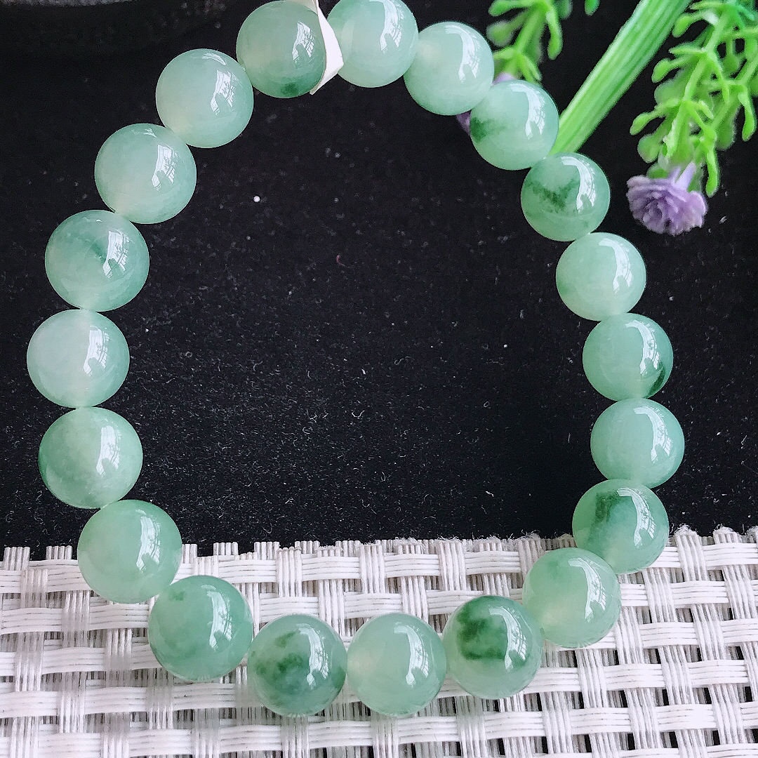 实拍A货翡翠9.5/20颗老坑冰胶冰晴飘花圆珠手链吊坠翡翠玉珠珠链