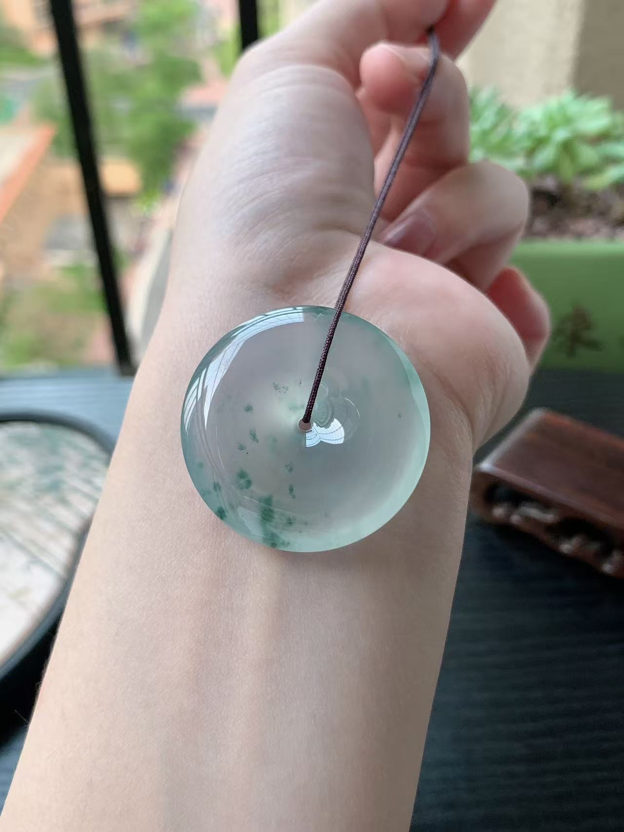 老坑冰种胶感飘蓝花起刚性平安扣吊坠,裸石尺寸:34.8-6.8mm