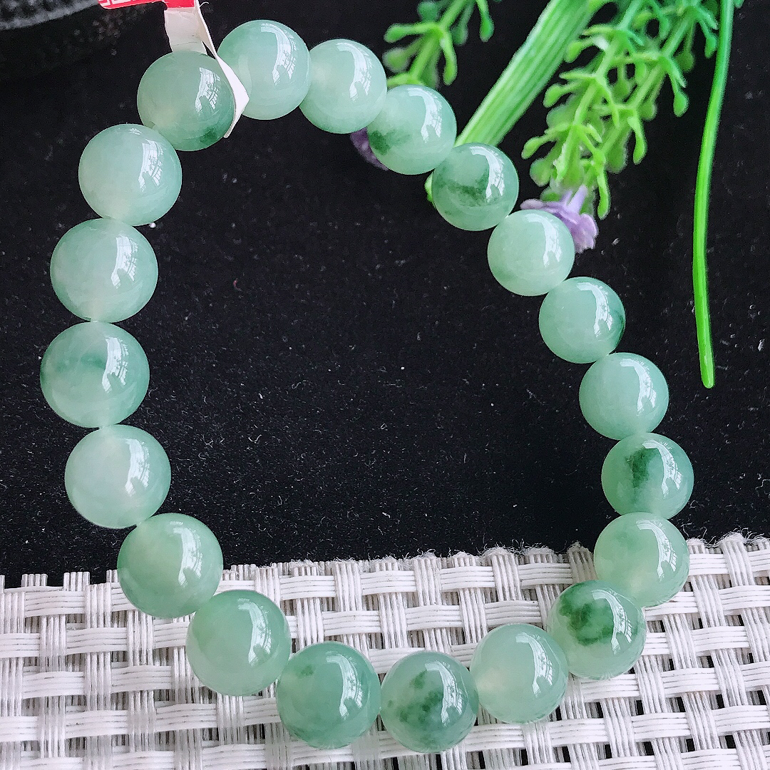 实拍A货翡翠9.5/20颗老坑冰胶冰晴飘花圆珠手链吊坠翡翠玉珠珠链
