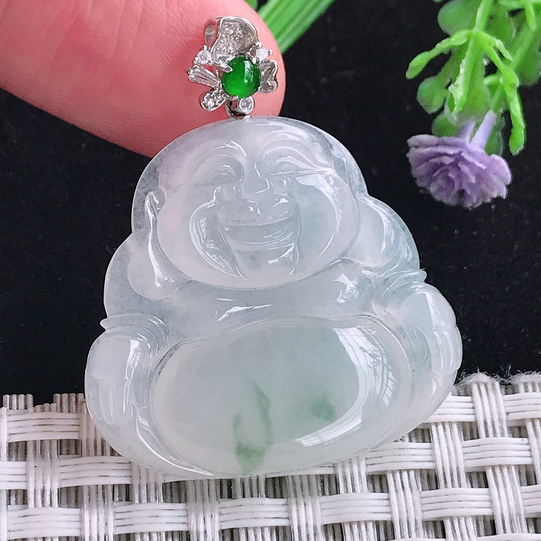 实拍A货翡翠29.5/31/5.3老坑18k金镶嵌冰胶飘花佛公吊坠翡翠玉牌挂件