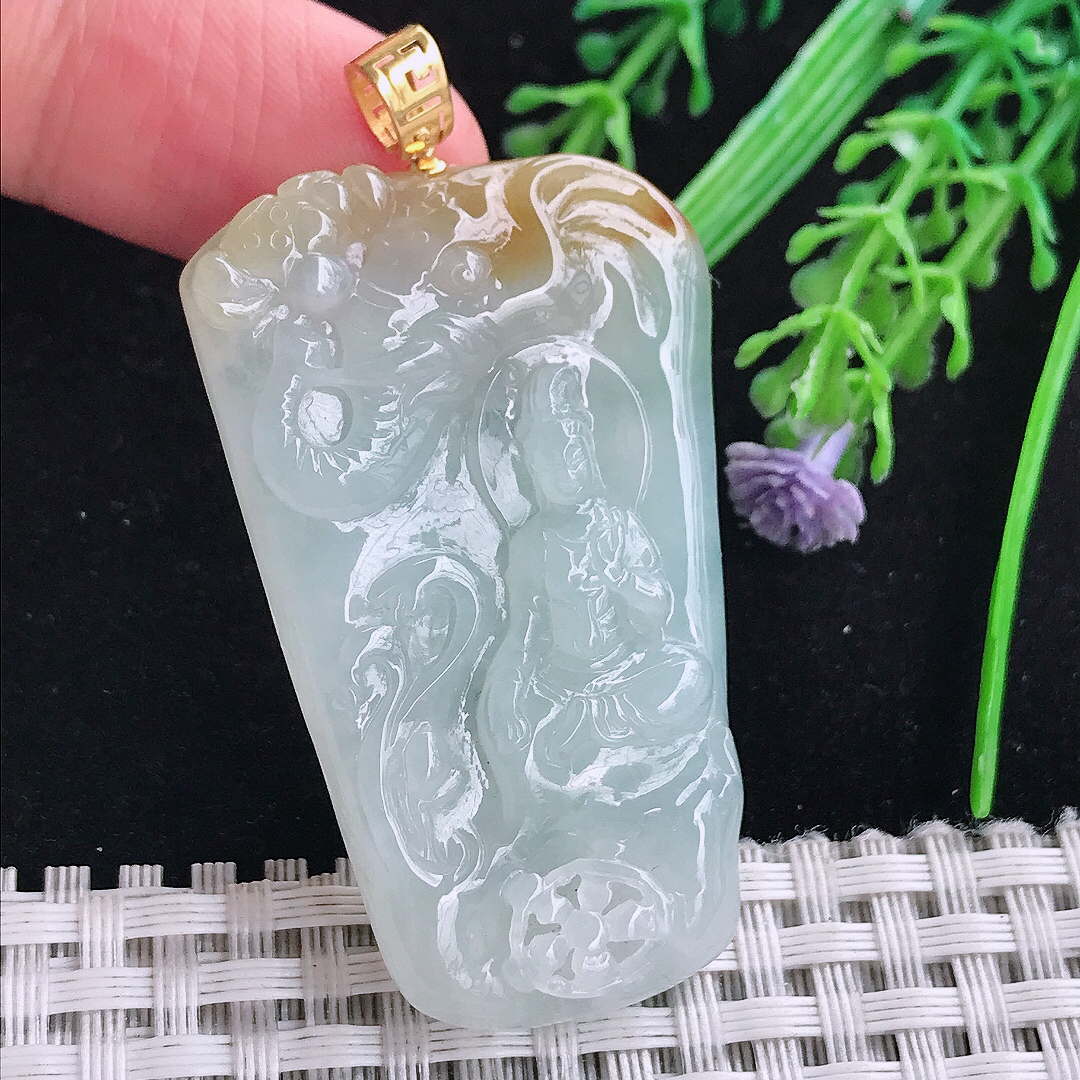 实拍A货翡翠49/30/6.3老坑18k金镶嵌冰胶黄翡普贤菩萨吊坠翡翠玉牌挂件