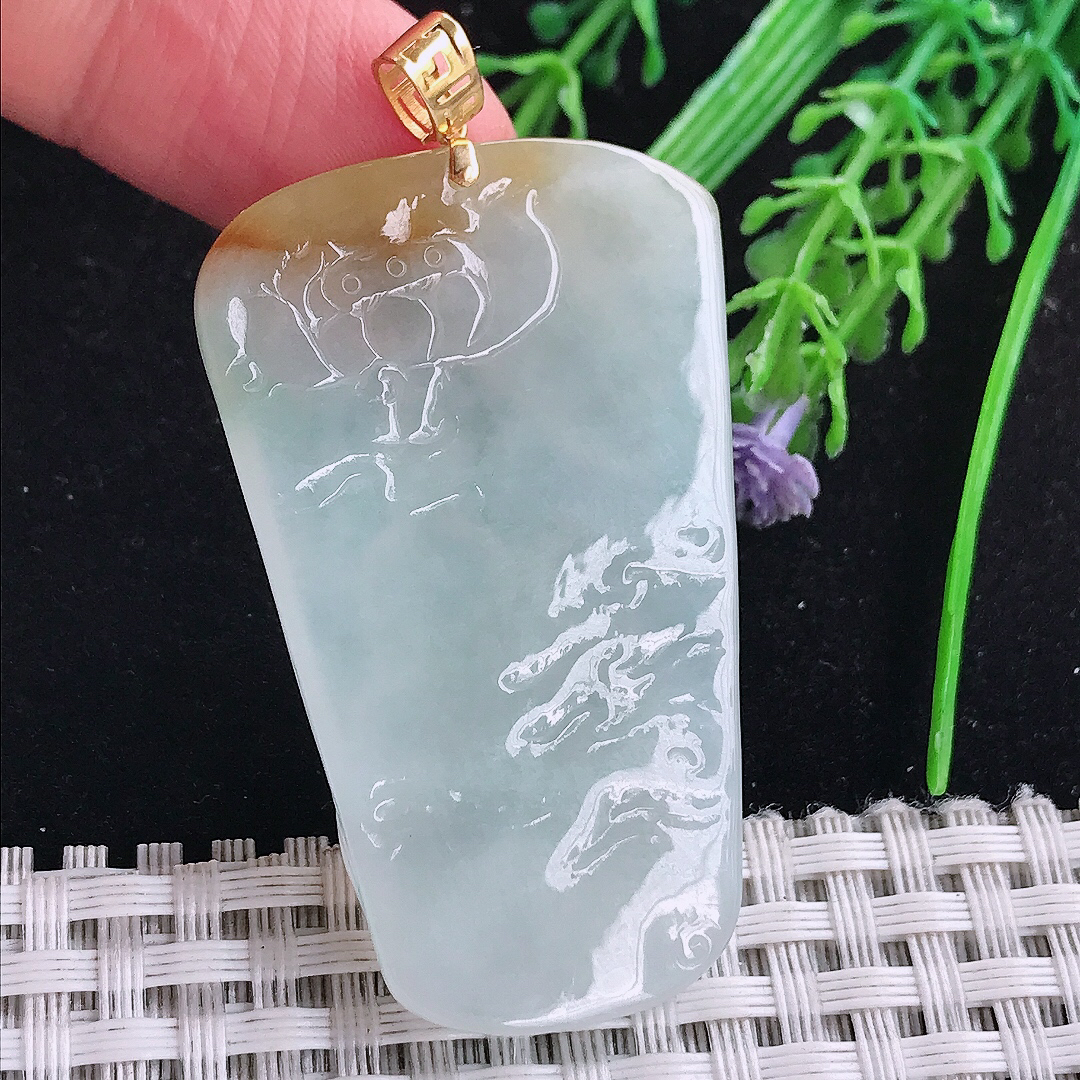 实拍A货翡翠49/30/6.3老坑18k金镶嵌冰胶黄翡普贤菩萨吊坠翡翠玉牌挂件