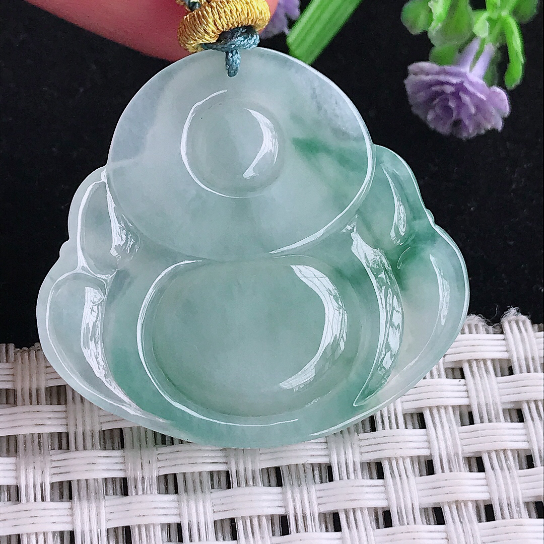 实拍A货翡翠32/34.8/5.8老坑冰润起胶飘花佛公吊坠翡翠玉佛挂件