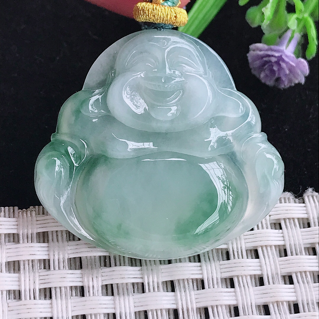 实拍A货翡翠32/34.8/5.8老坑冰润起胶飘花佛公吊坠翡翠玉佛挂件