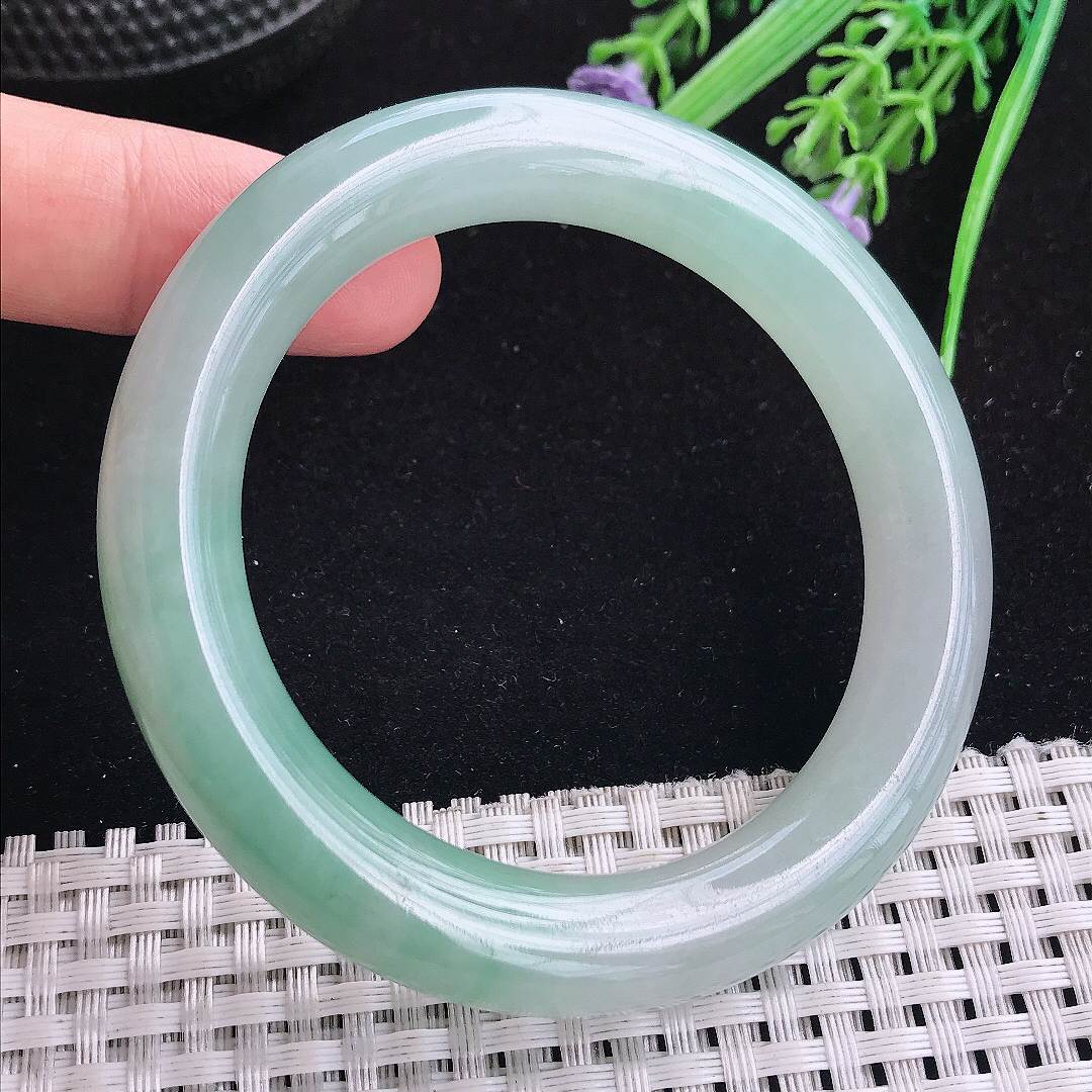 实拍A货翡翠53.5/10.9/10.2平安镯老坑冰胶水灵冰晴圆条手镯翡翠玉手镯