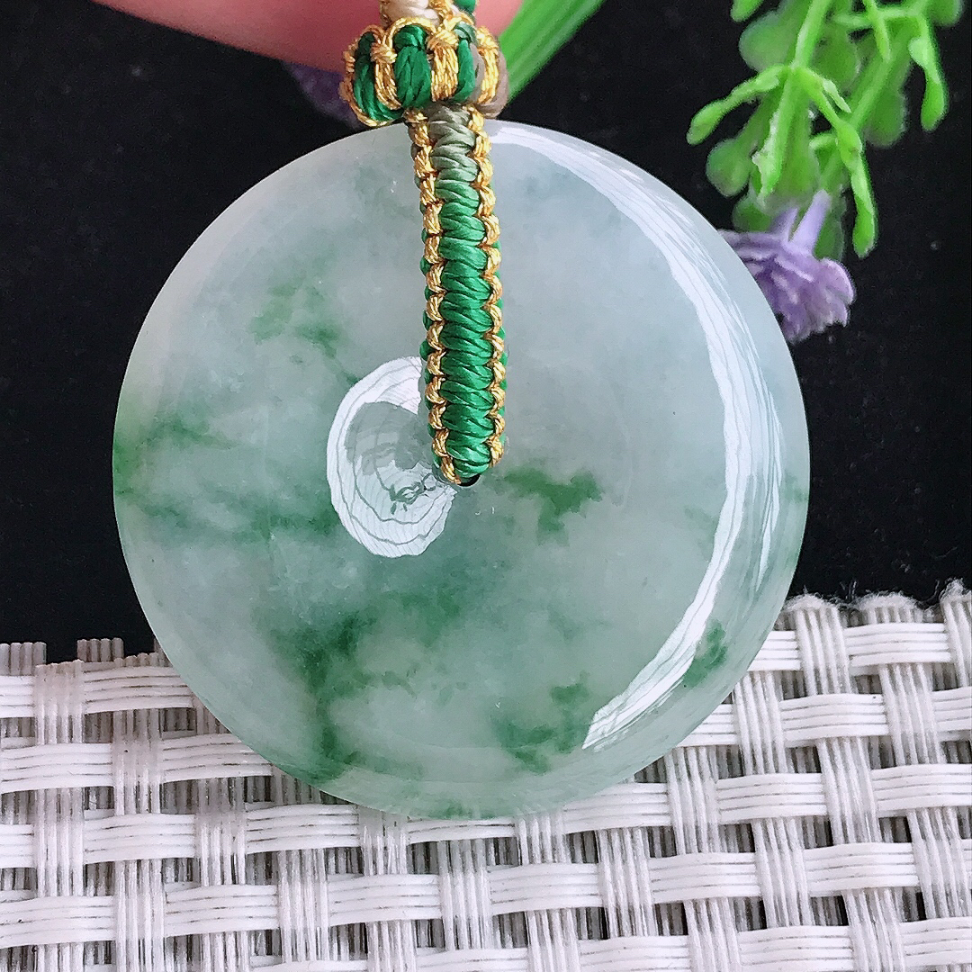 实拍A货翡翠36.5/5.8老坑冰润飘花平安扣吊坠翡翠玉扣挂件