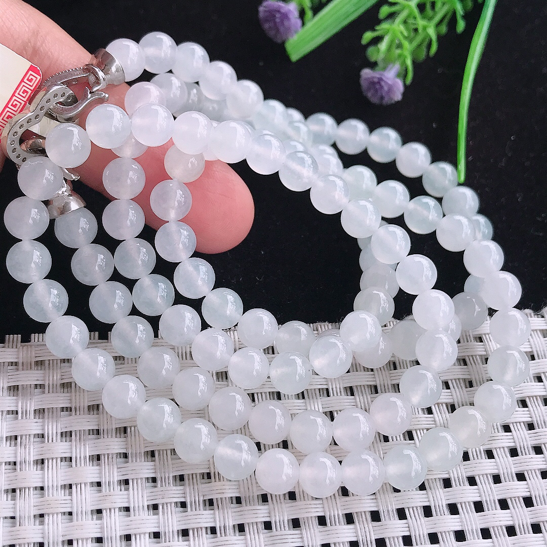 实拍A货翡翠6.9/108颗老坑冰透起胶白冰种项链翡翠玉珠珠链女款