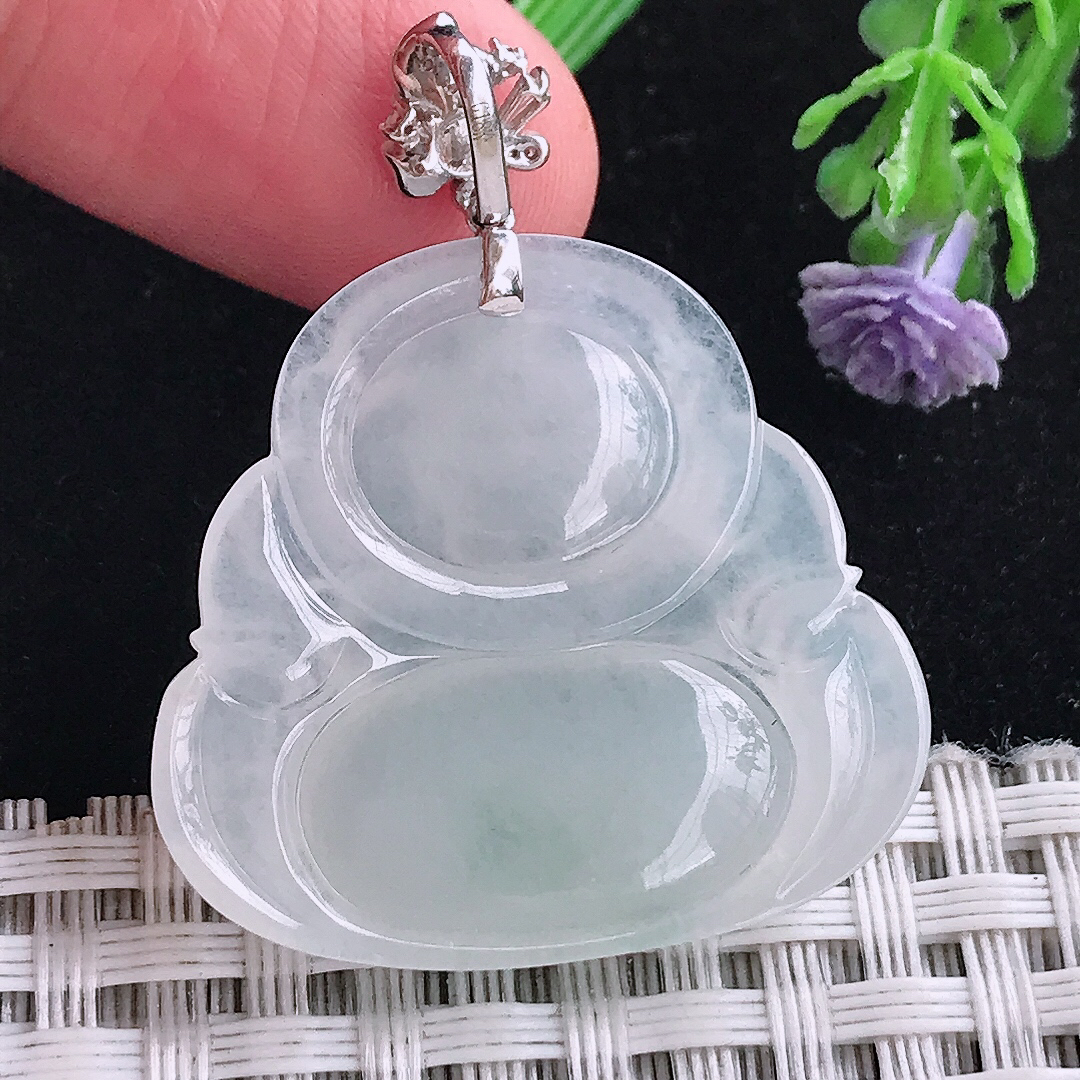 实拍A货翡翠29.5/31/5.3老坑18k金镶嵌冰胶飘花佛公吊坠翡翠玉牌挂件