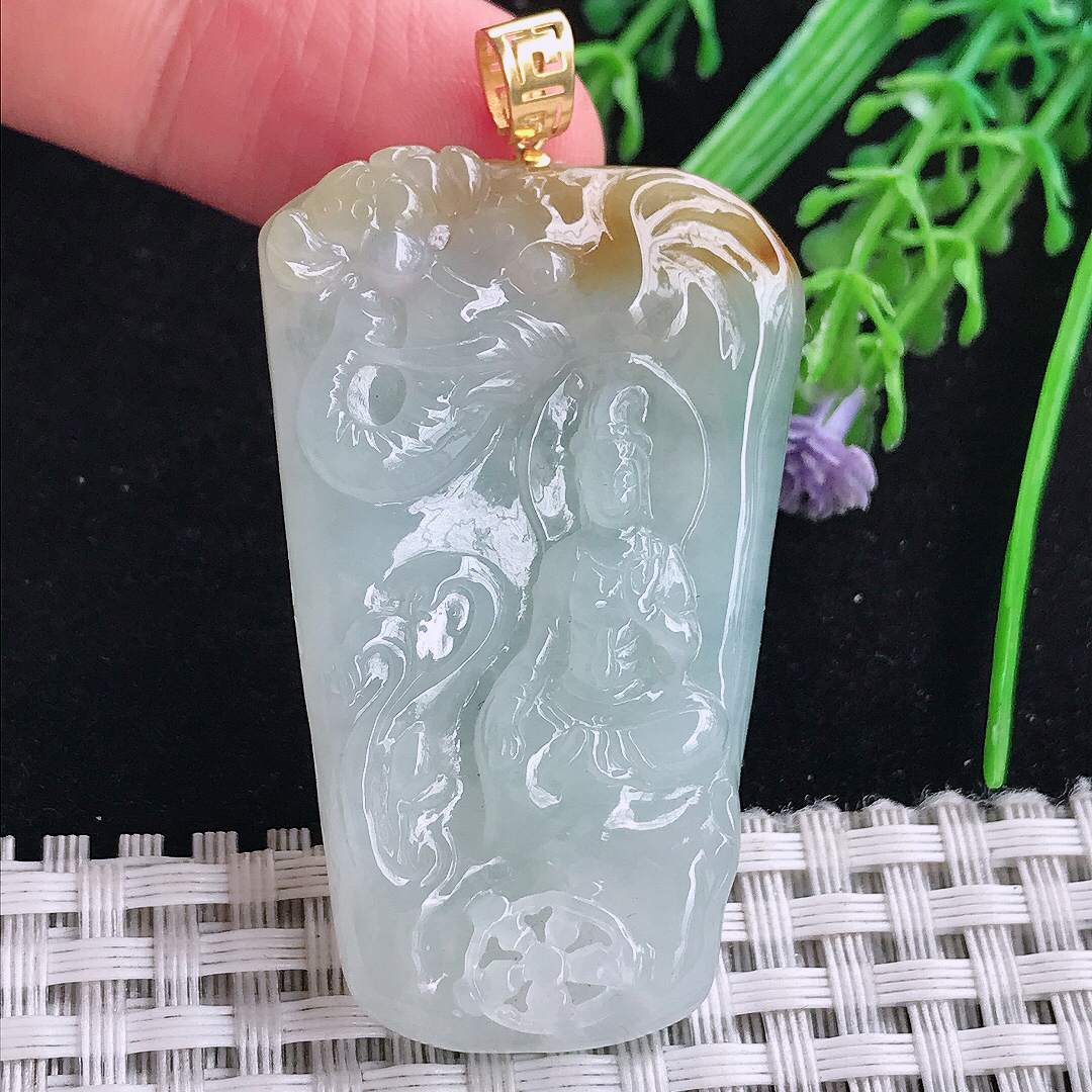 实拍A货翡翠49/30/6.3老坑18k金镶嵌冰胶黄翡普贤菩萨吊坠翡翠玉牌挂件