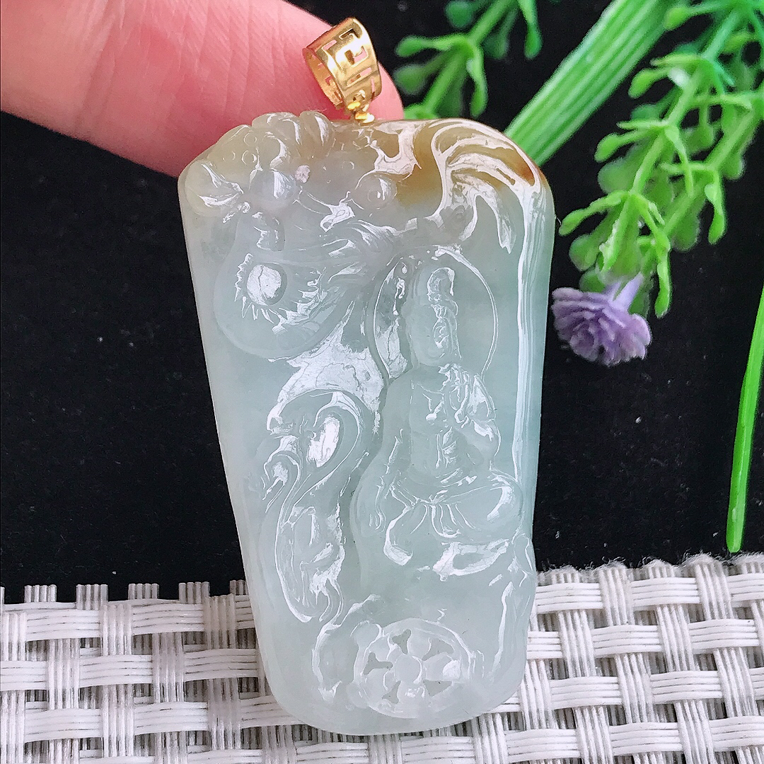 实拍A货翡翠49/30/6.3老坑18k金镶嵌冰胶黄翡普贤菩萨吊坠翡翠玉牌挂件