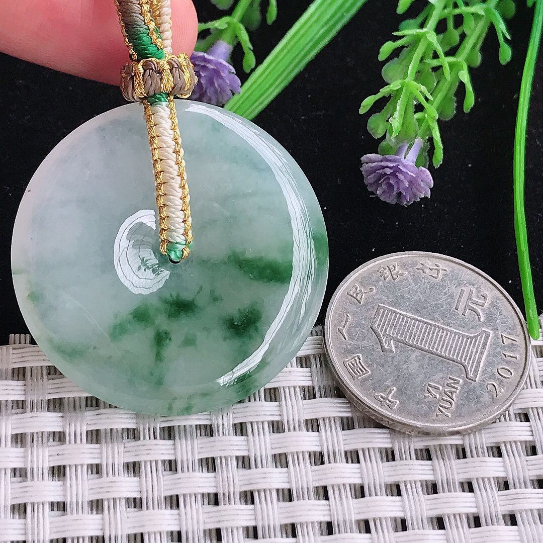 实拍A货翡翠36.5/5.8老坑冰润飘花平安扣吊坠翡翠玉扣挂件