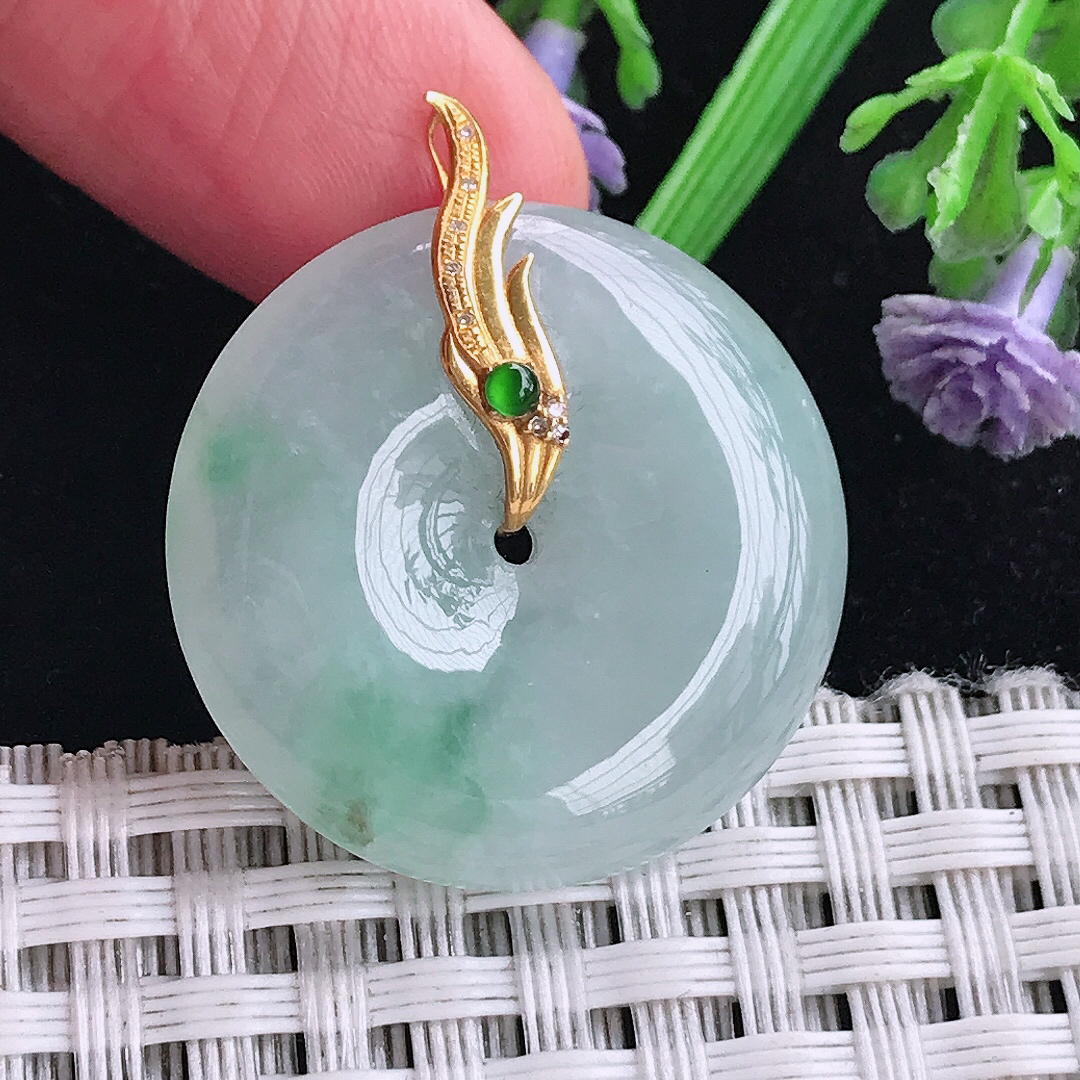 实拍A货翡翠26.3/6.5老坑18k金镶嵌冰润飘花平安扣吊坠翡翠玉扣挂件