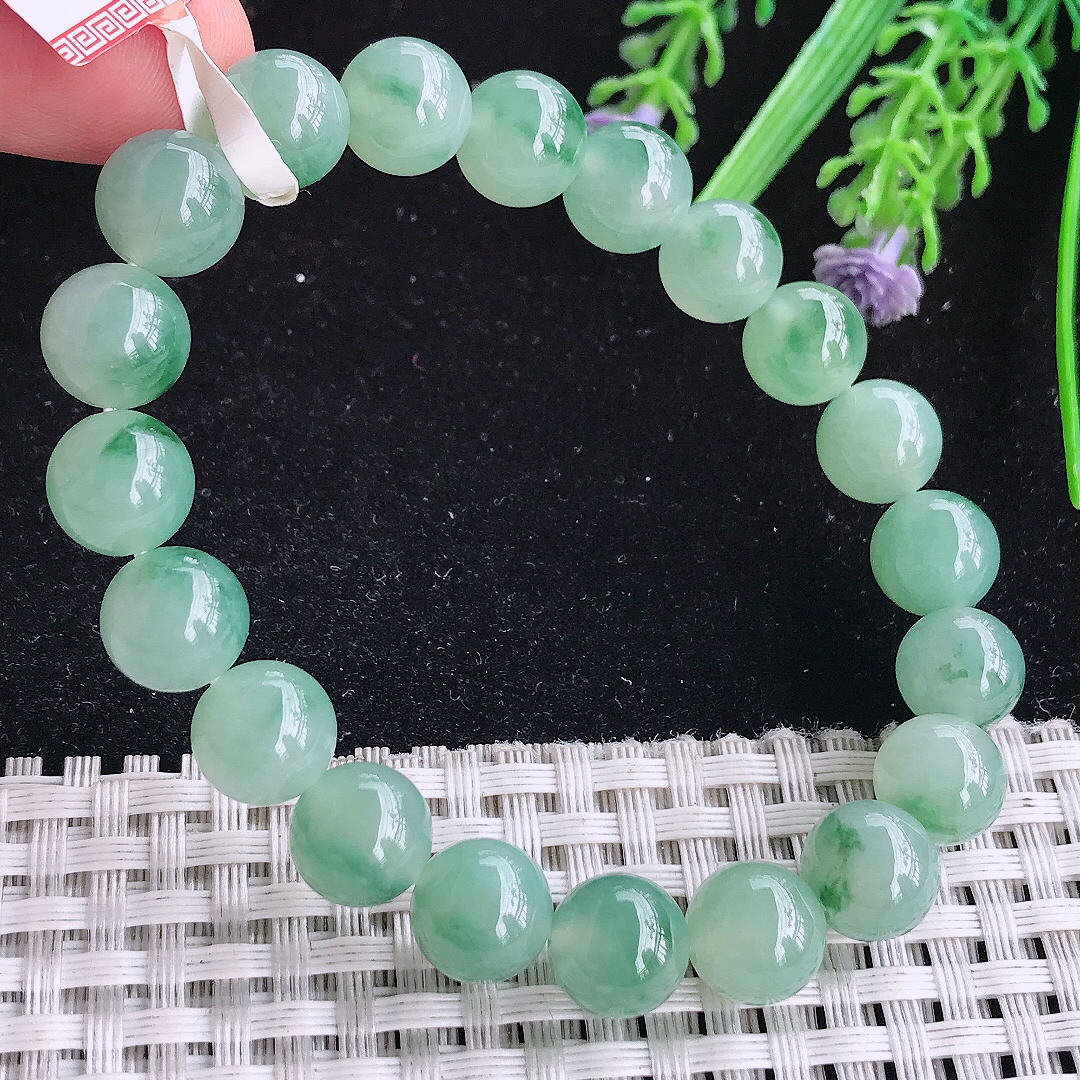 实拍A货翡翠9.5/20颗老坑冰胶冰晴飘花圆珠手链吊坠翡翠玉珠珠链