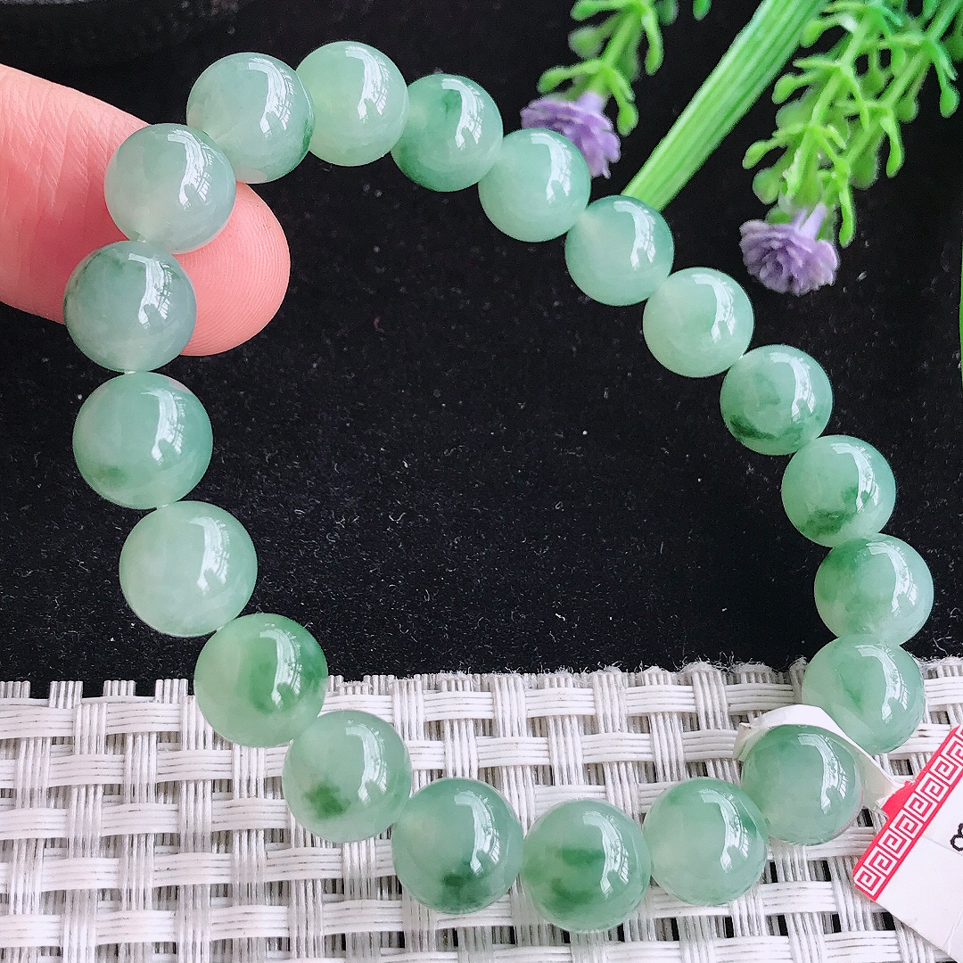 实拍A货翡翠9.5/20颗老坑冰胶冰晴飘花圆珠手链吊坠翡翠玉珠珠链