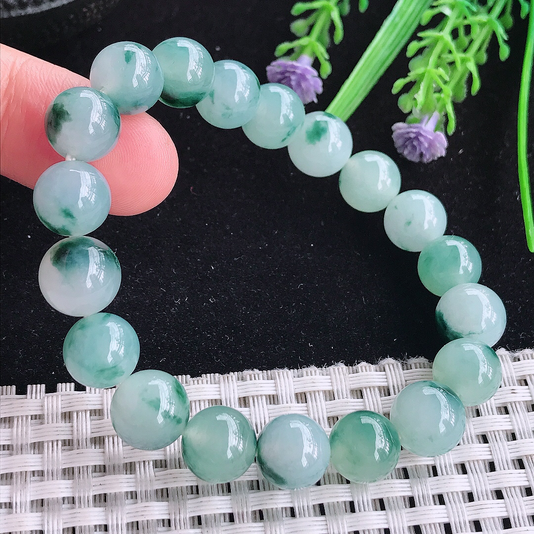 实拍A货翡翠10.2/19颗老坑冰胶冰飘花圆珠手链吊坠翡翠玉珠手串